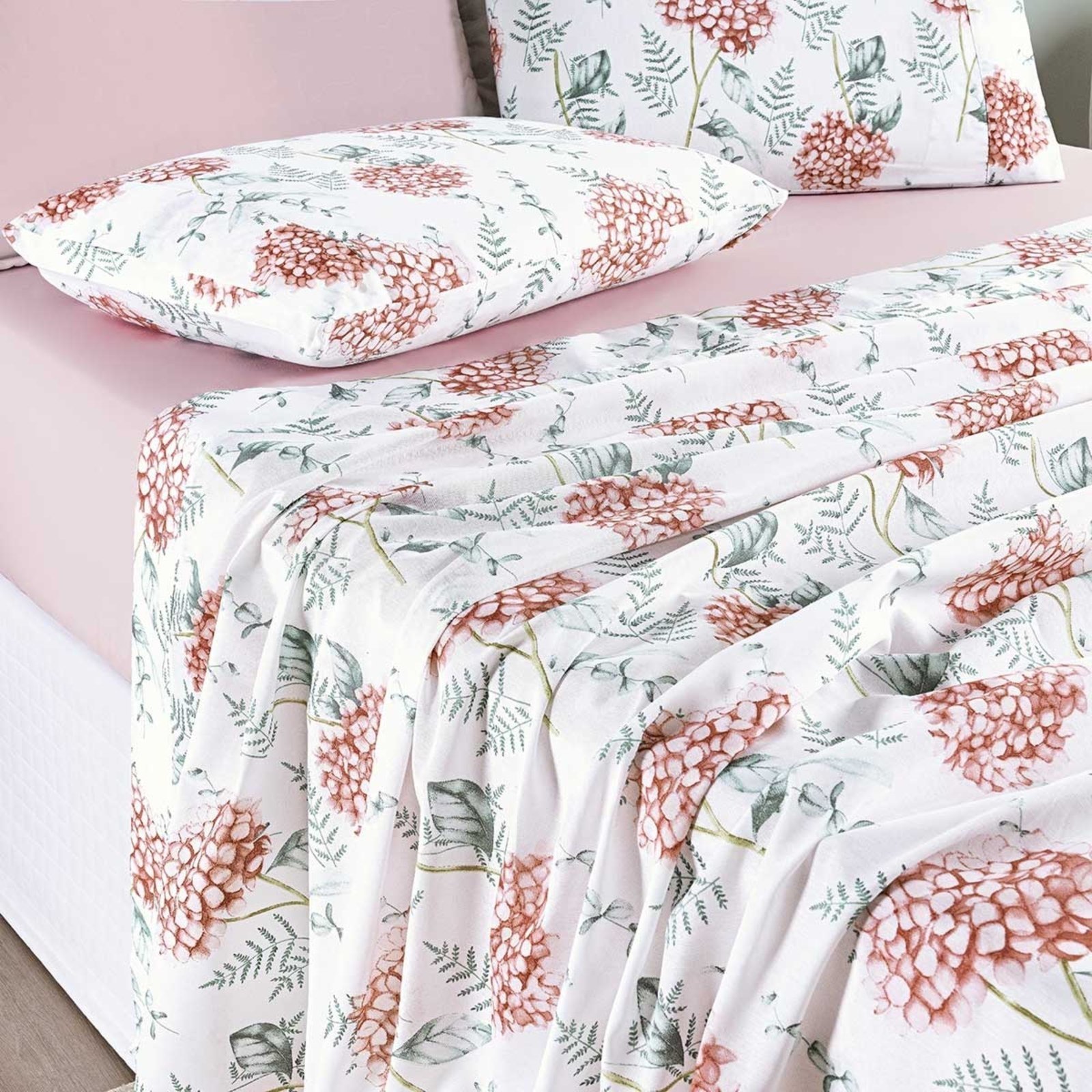 Jogo Cama Lençol Casa Scarpa Maris King Percalle 200 Fios Estampado 4 Peças Hortênsia Salmão