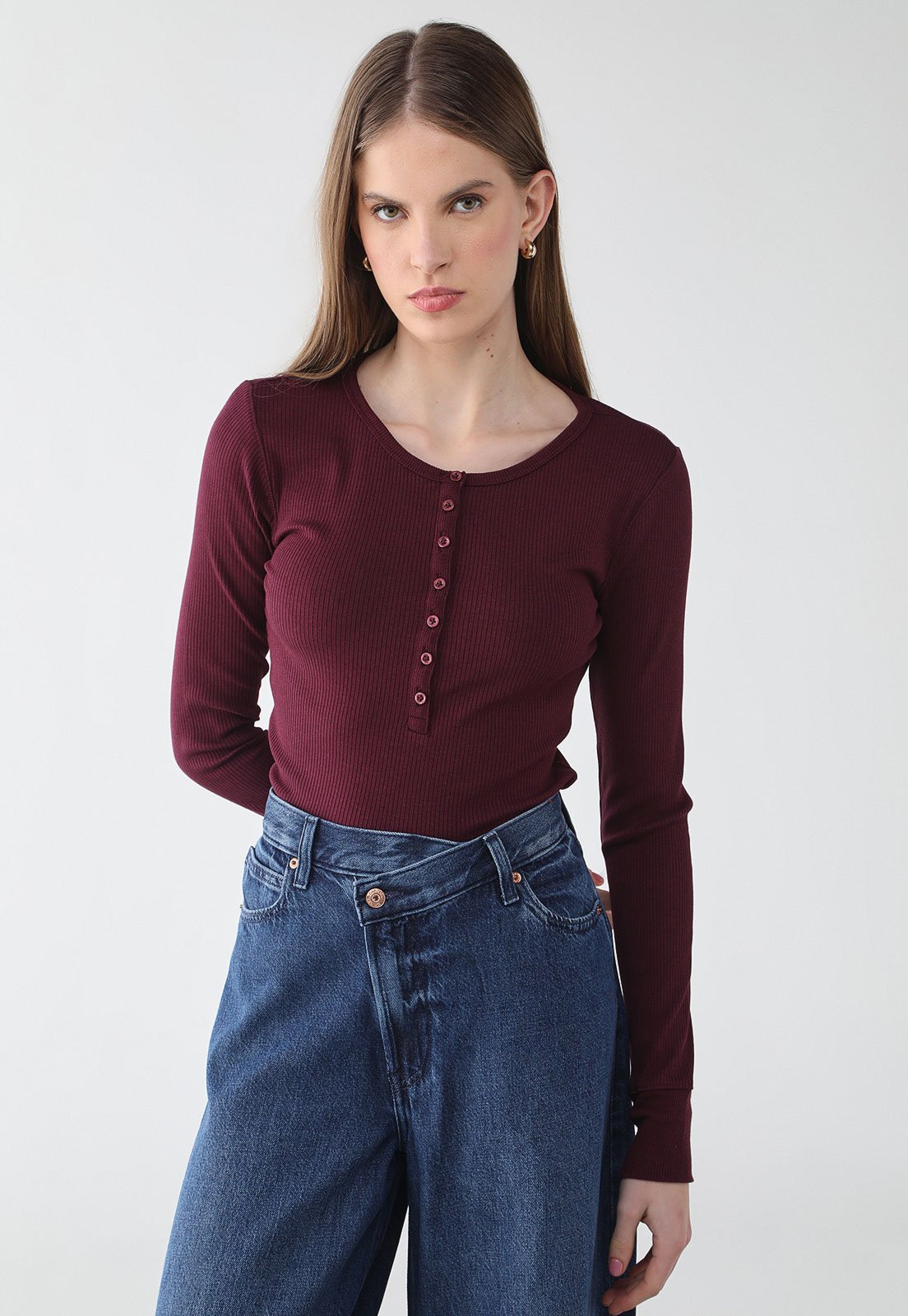 Blusa Feminina GAP Manga Longa Canelada Vinho