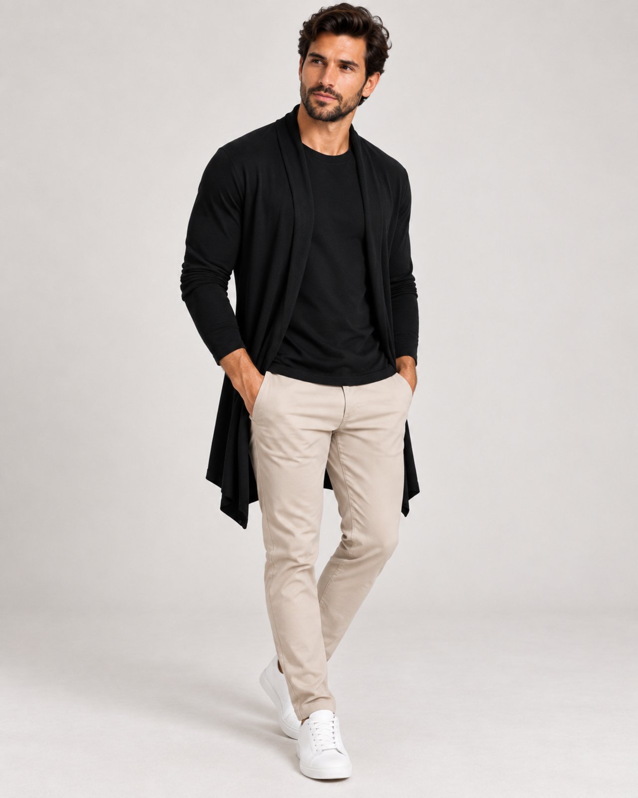 Cardigan Masculino Sem Bolso Manga Longa Slim Confortável - Preto