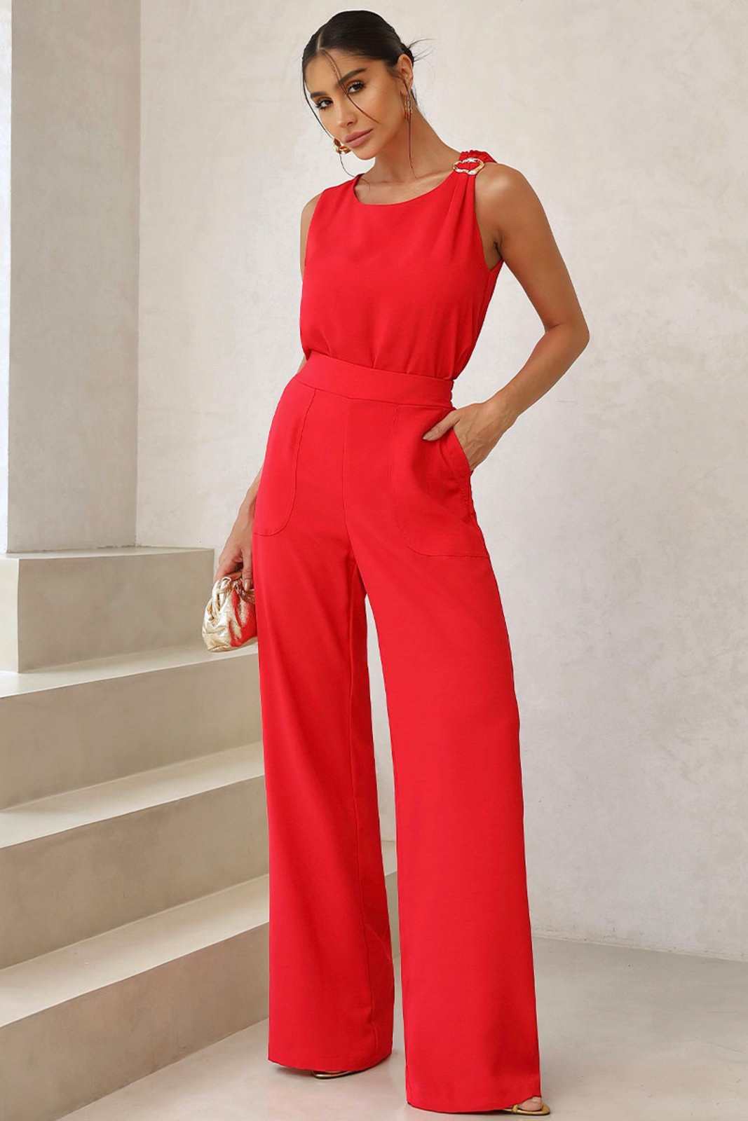 Calça Valquiria Com Elástico Na Cintura e Bolso Vermelho