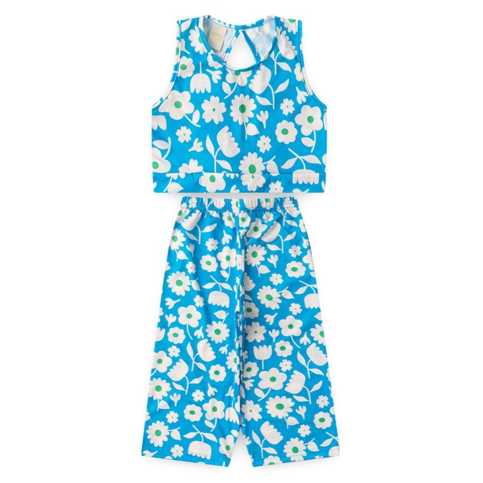 Vista 3 Infantil - Conjunto Verão Menina Cropped Com Amarração nas Costas e Calça Pantacourt Flores Molekada azul Molekada azul