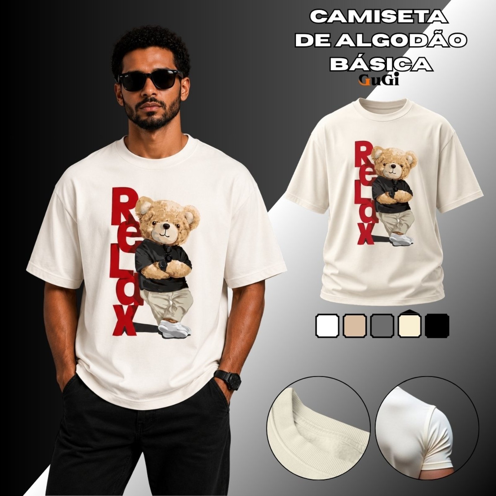 Camiseta Masculina Relax Urso Pelúcia 100% Algodão 30.1 Off White