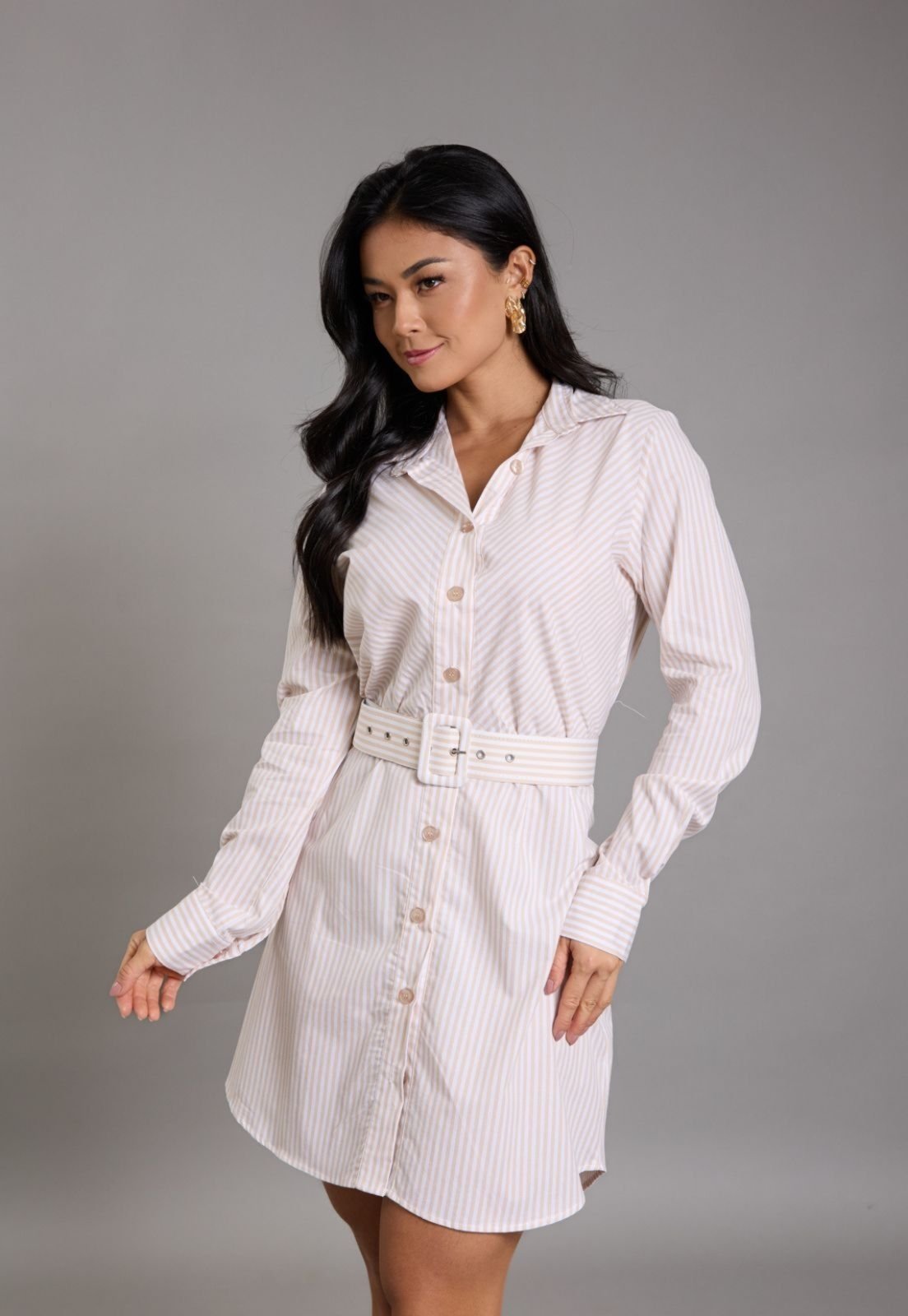 Vestido Midi Listrado Manga Longa com Cinto Lemier Collection Bege