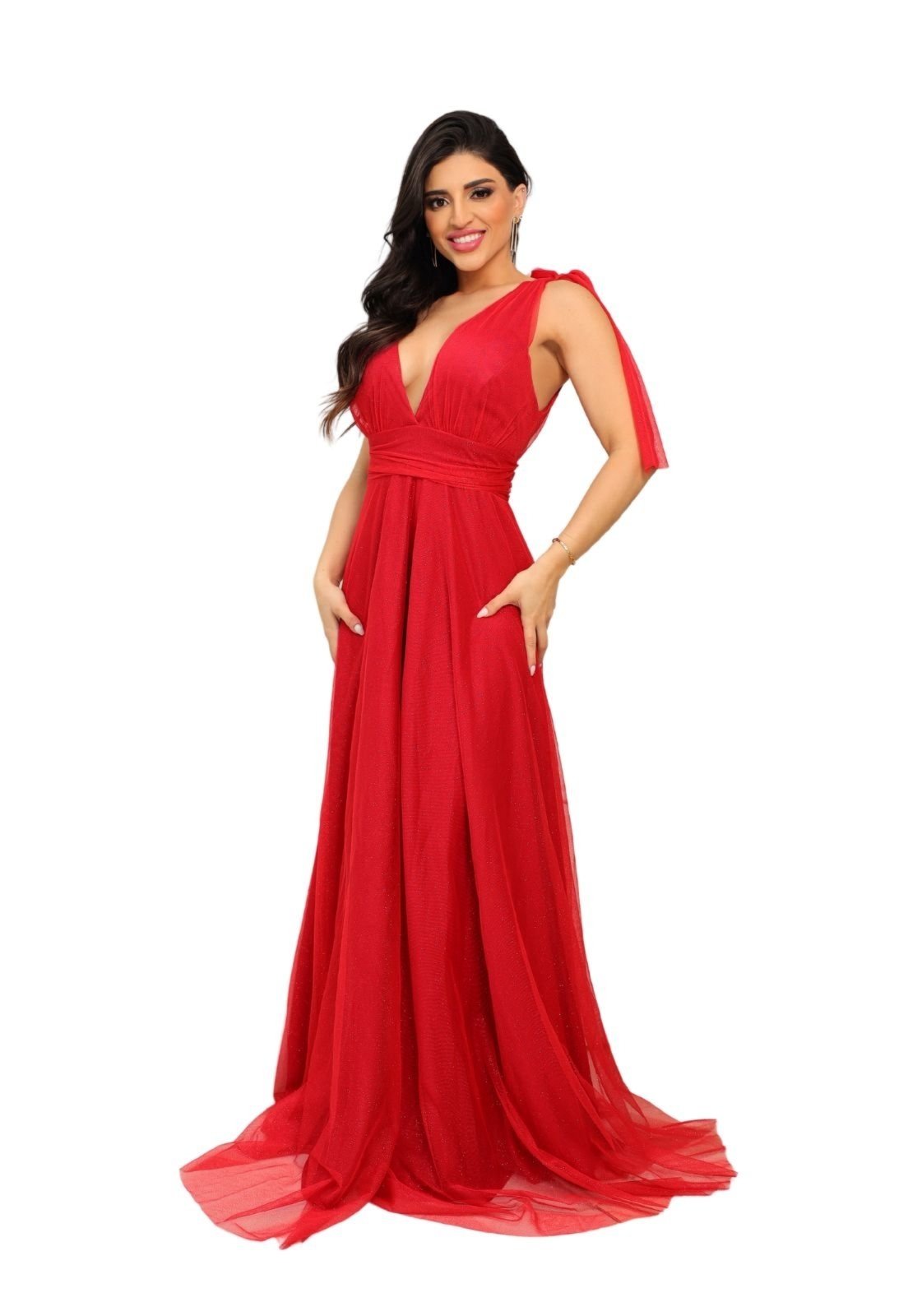 Vestido Longo de Festa Micro Tule com Brilho Madrinhas Decote em V Greice Vermelho