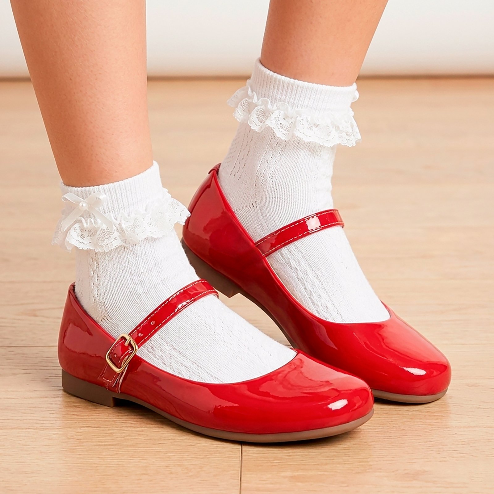 Infantil - Kit Sapatilha Feminina Vermelha Social Festa Pepite e Meia Branca de Rendinha
