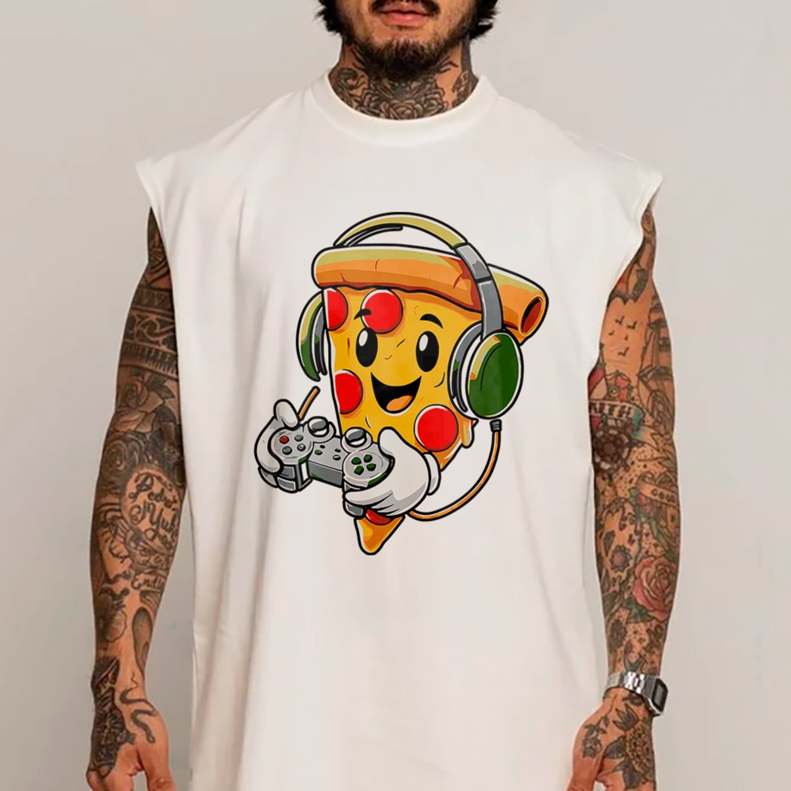 Camiseta Regata Machão Pizza Gamer Cartoon Geek Estilo Urbano Branco