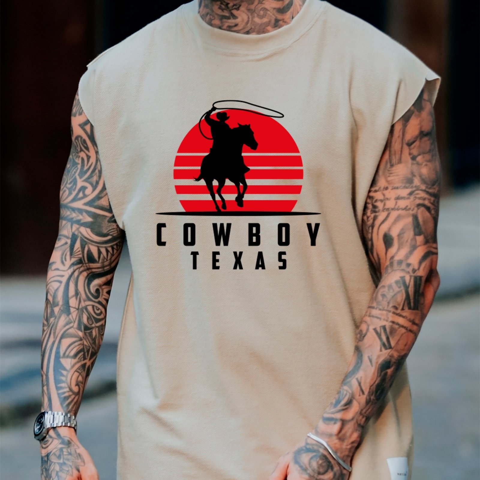 Camiseta Regata Machão Country Cowboy Texas Visual Criativo Moda Western Masculina Off White