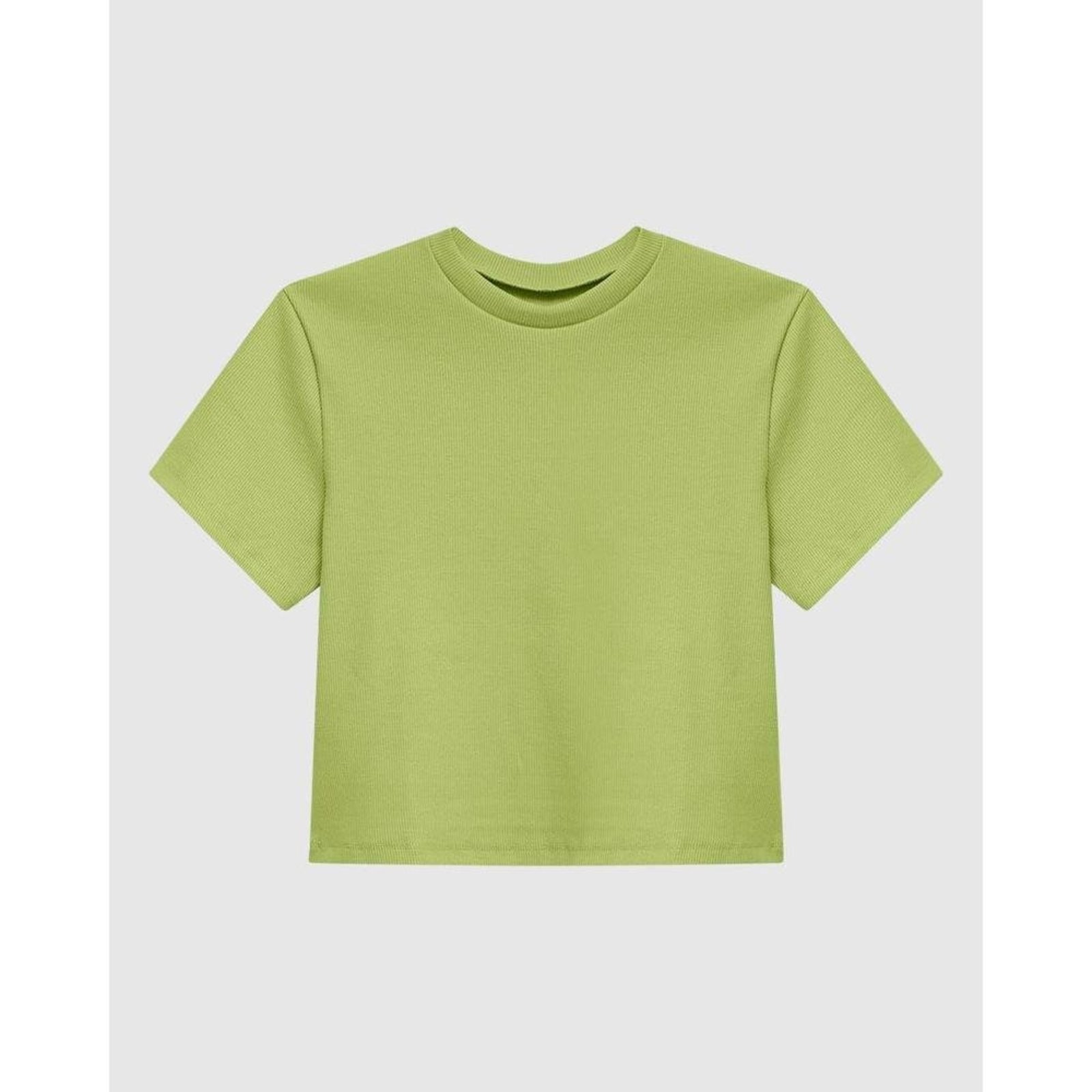 Blusa Cropped Feminina Decote Redondo Manga Curta Em Malha Canelada