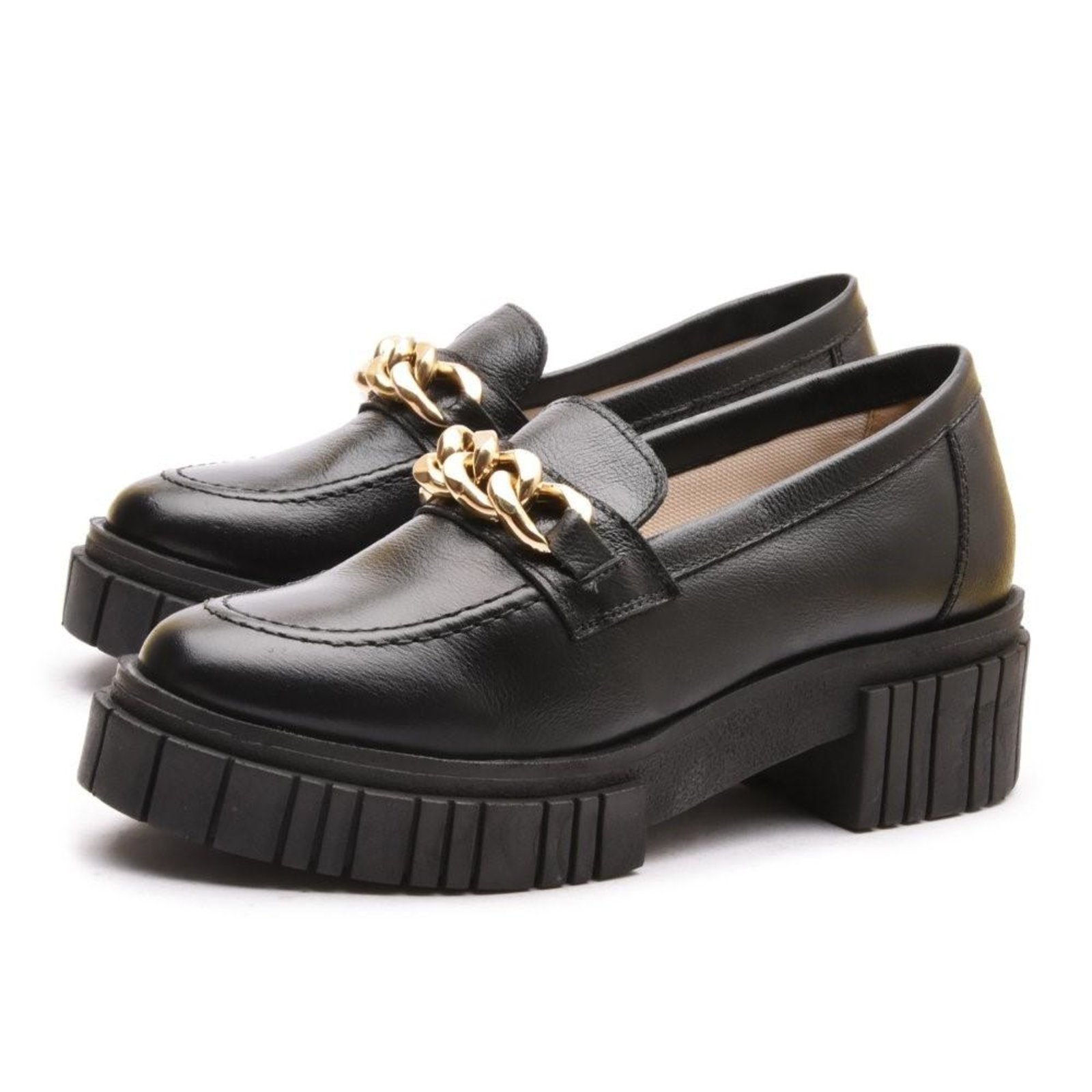 Sapato Mocassim Feminino Couro Tratorado Oxford Fivela Metal Preto