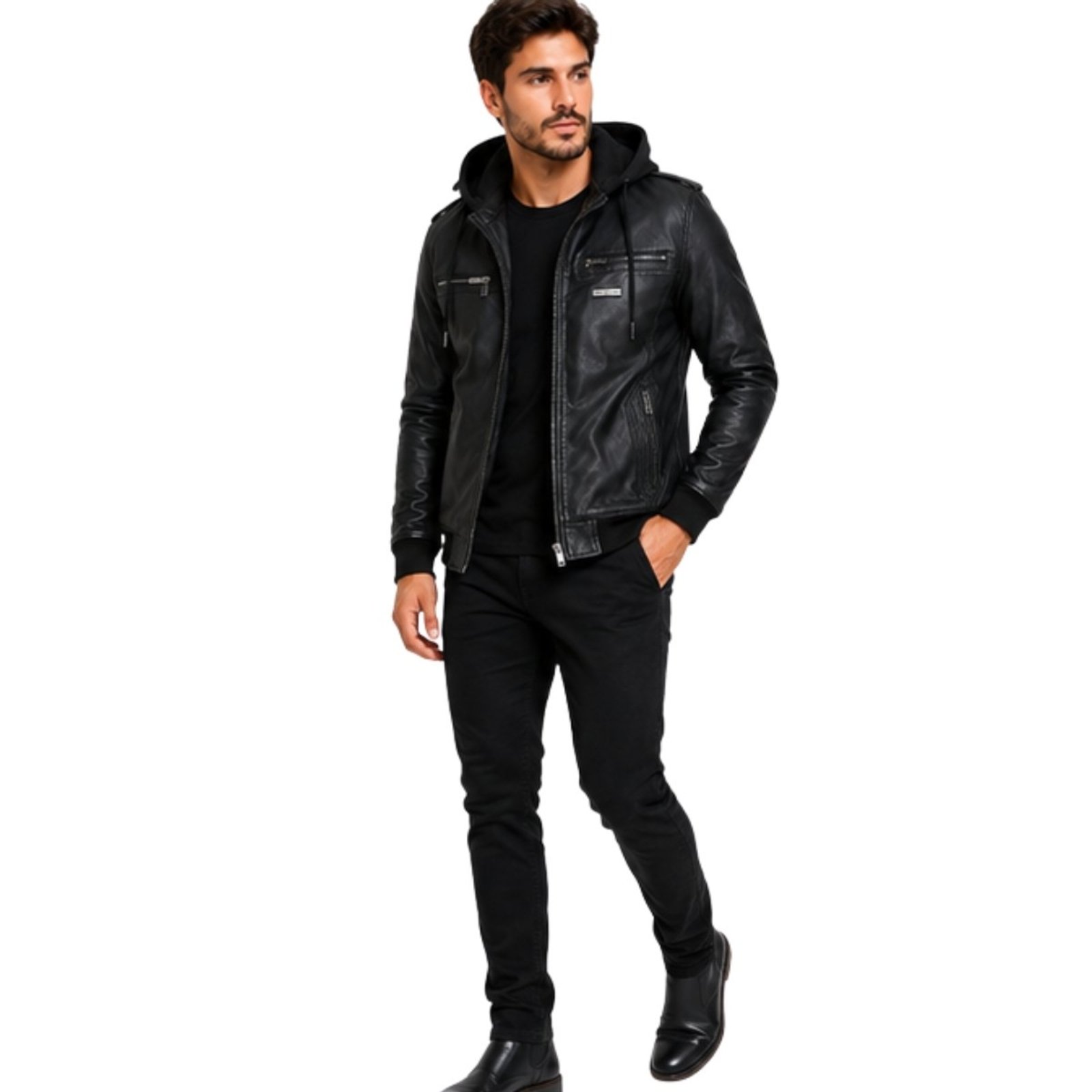 Jaqueta Masculina PU Com Capuz Removível Forrada Preta Preto