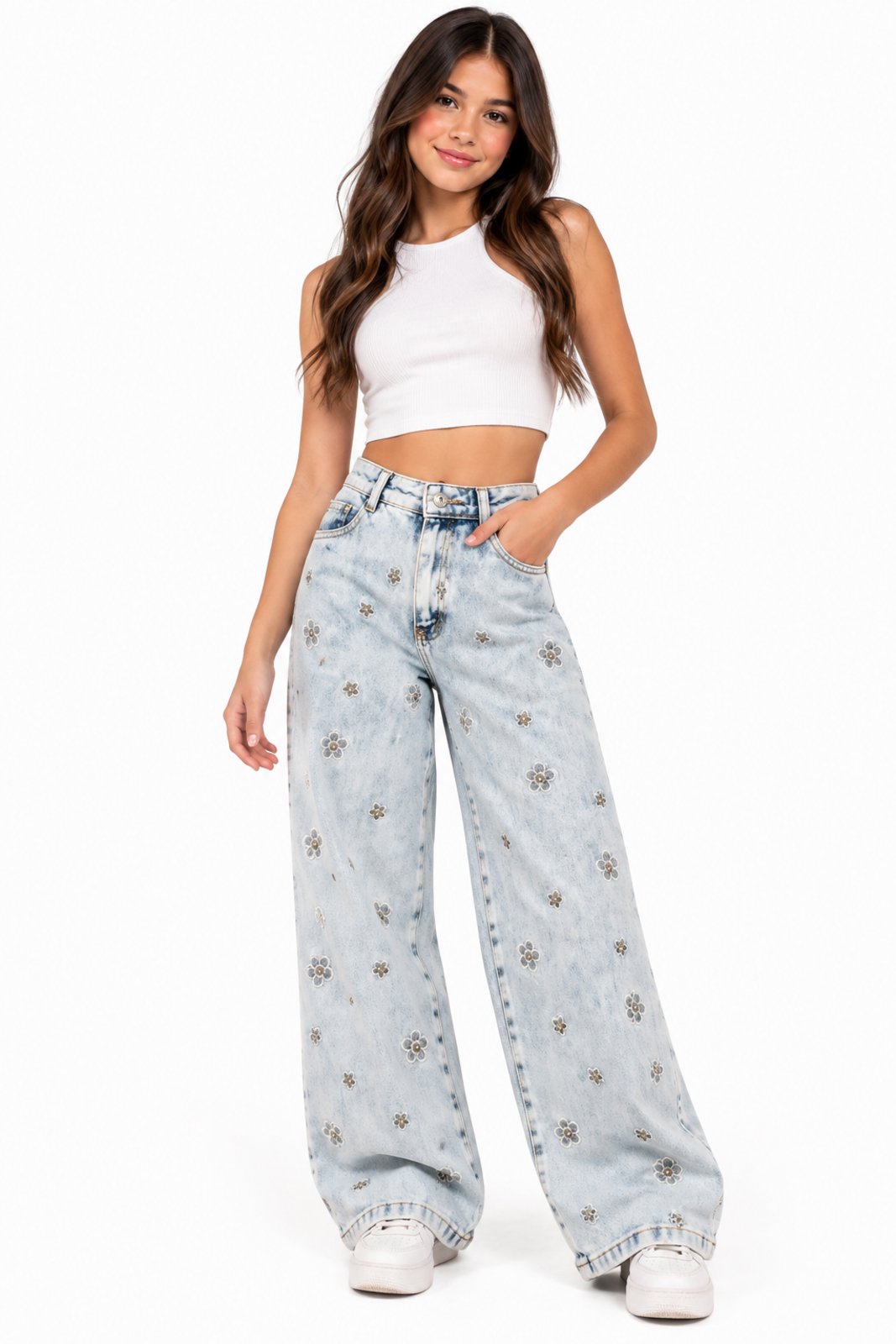 Infantil - Calça Wide Leg Jeans D Bell Outlet Fashion Flores e Cristais