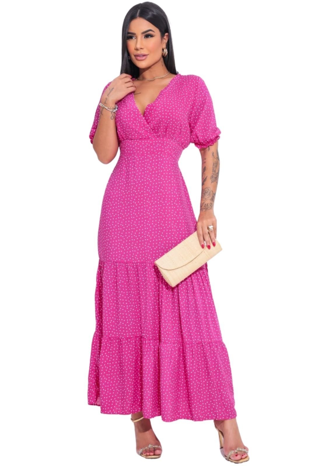 Vestido Midi Manguinha Rita Poá rosa