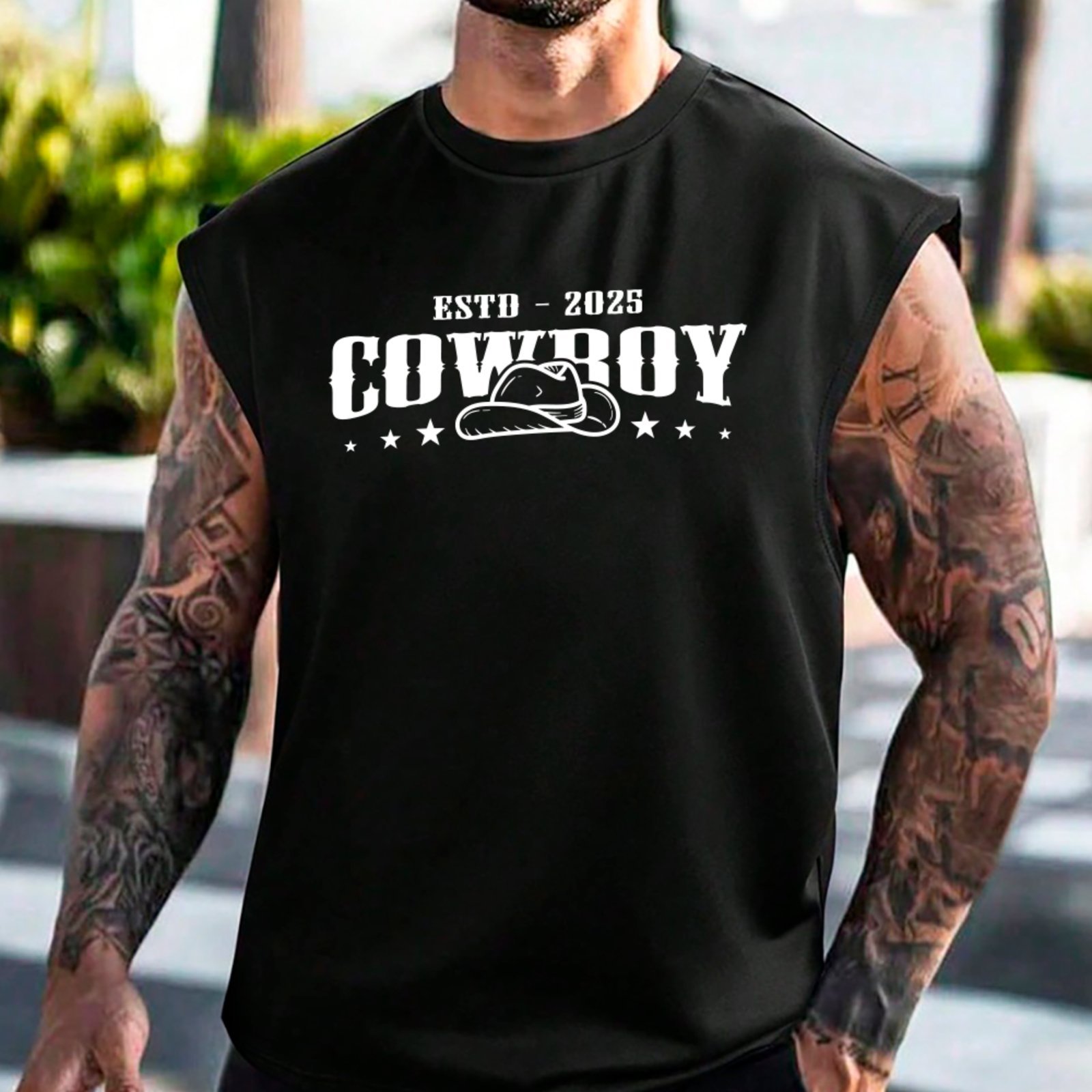 Camiseta Regata Machão Country Cowboy Estd 2025 Inspiração Rodeio Masculina Preto