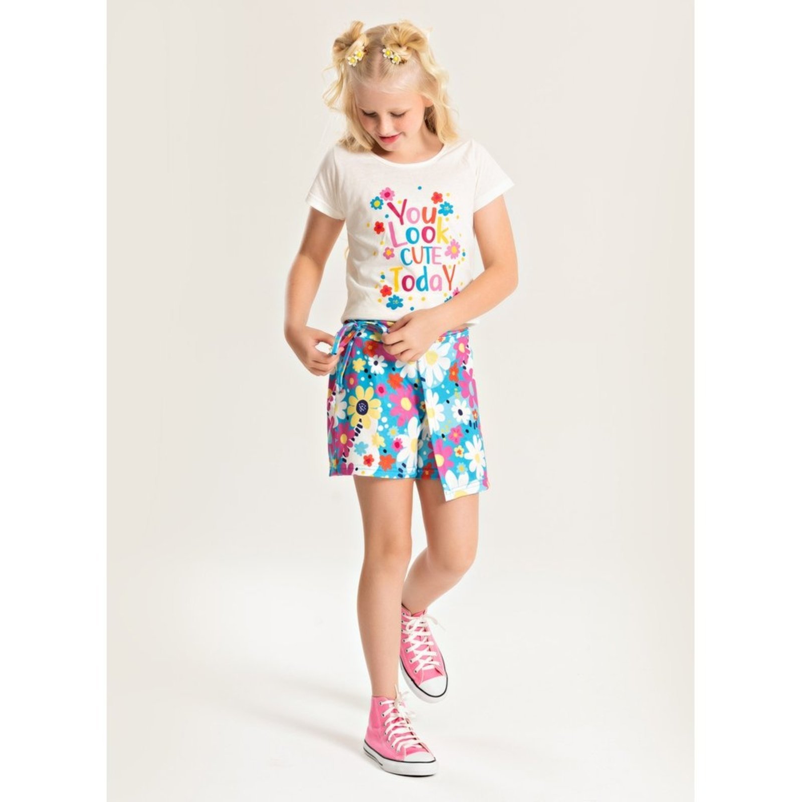 Vista 2 Infantil - Conjunto Verão Menina Natural Blusa e Shorts Saia Florzinhas Molekada bege natural Molekada bege natural