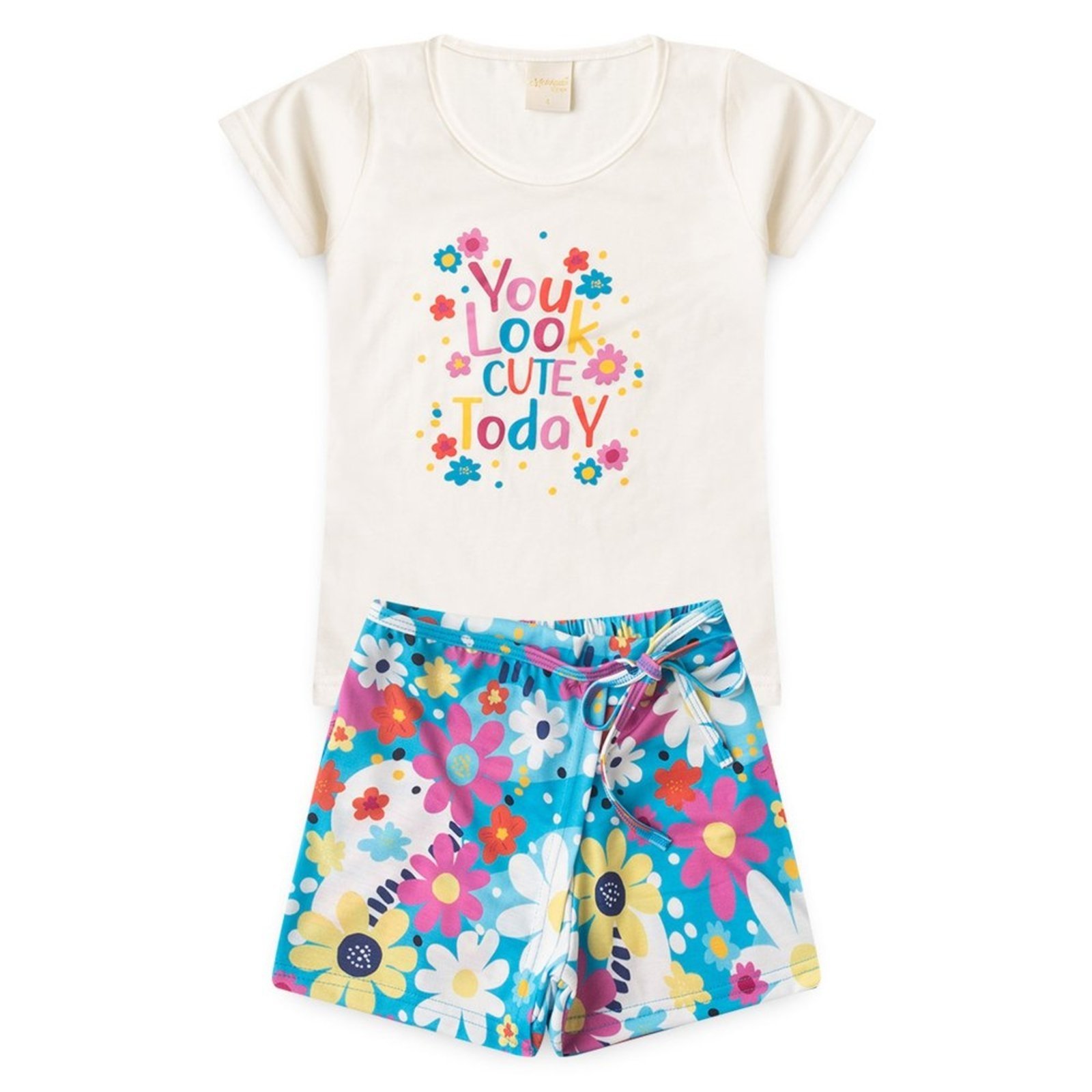 Vista 3 Infantil - Conjunto Verão Menina Natural Blusa e Shorts Saia Florzinhas Molekada bege natural Molekada bege natural