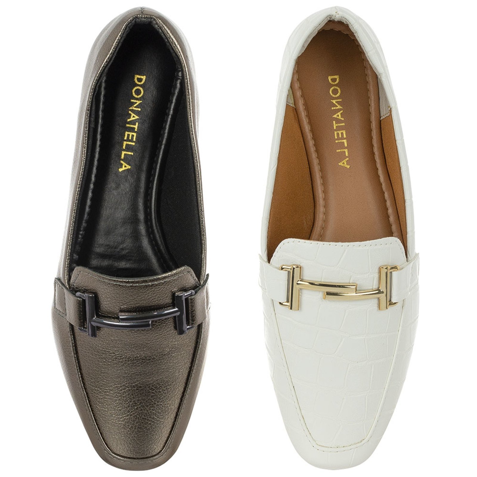 Kit 2 Pares Sapato Feminino Mocassim Donatella Shoes Bico Quadrado Confort Branco Croco e Prata Velho