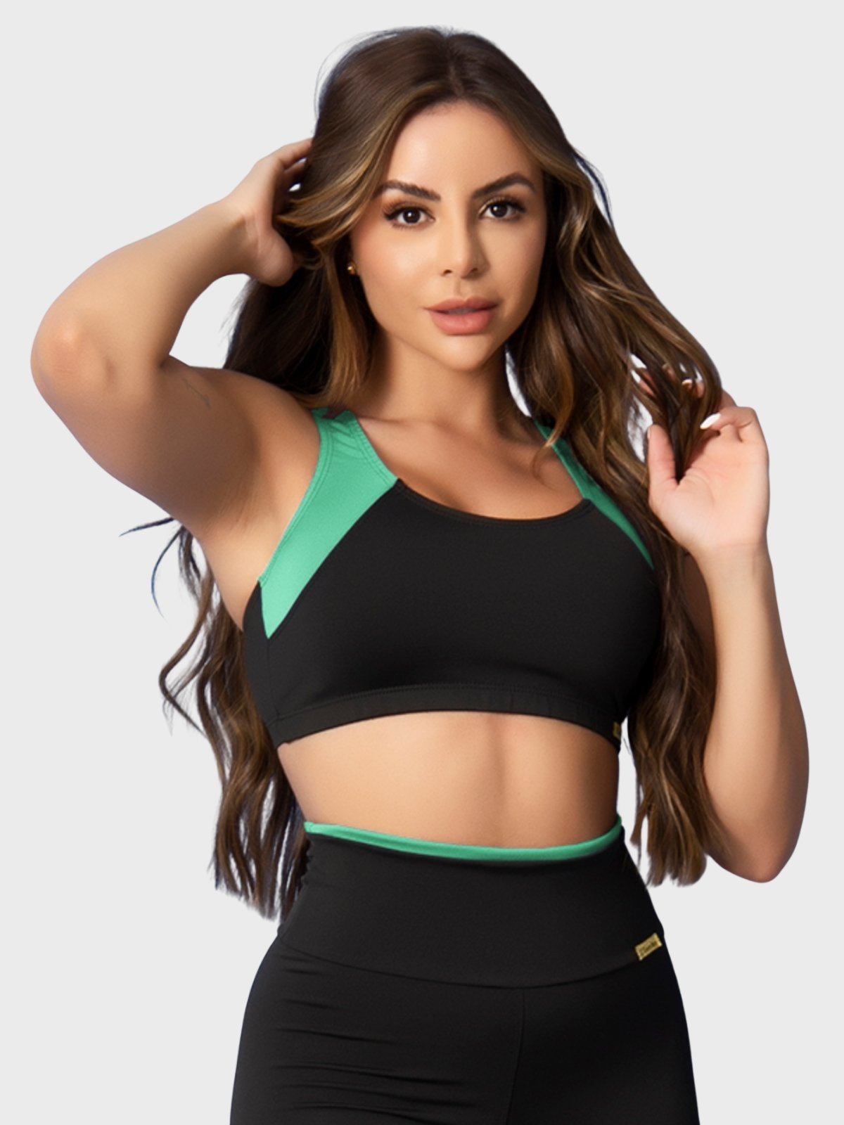 Top Fitness Tarelles Alça Larga Forrado Preto e Verde Menta