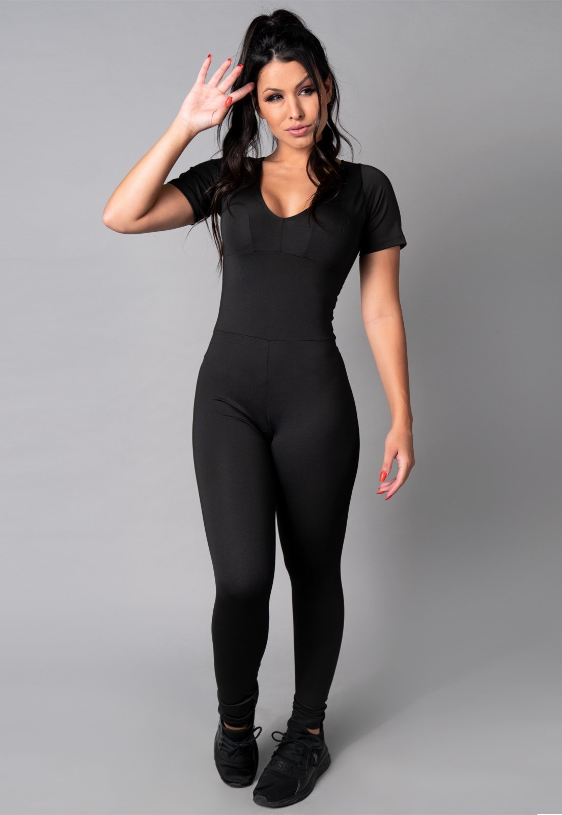 Macacão MVB Modas Longo Feminino Manga Curta Fitness Suplex Preto