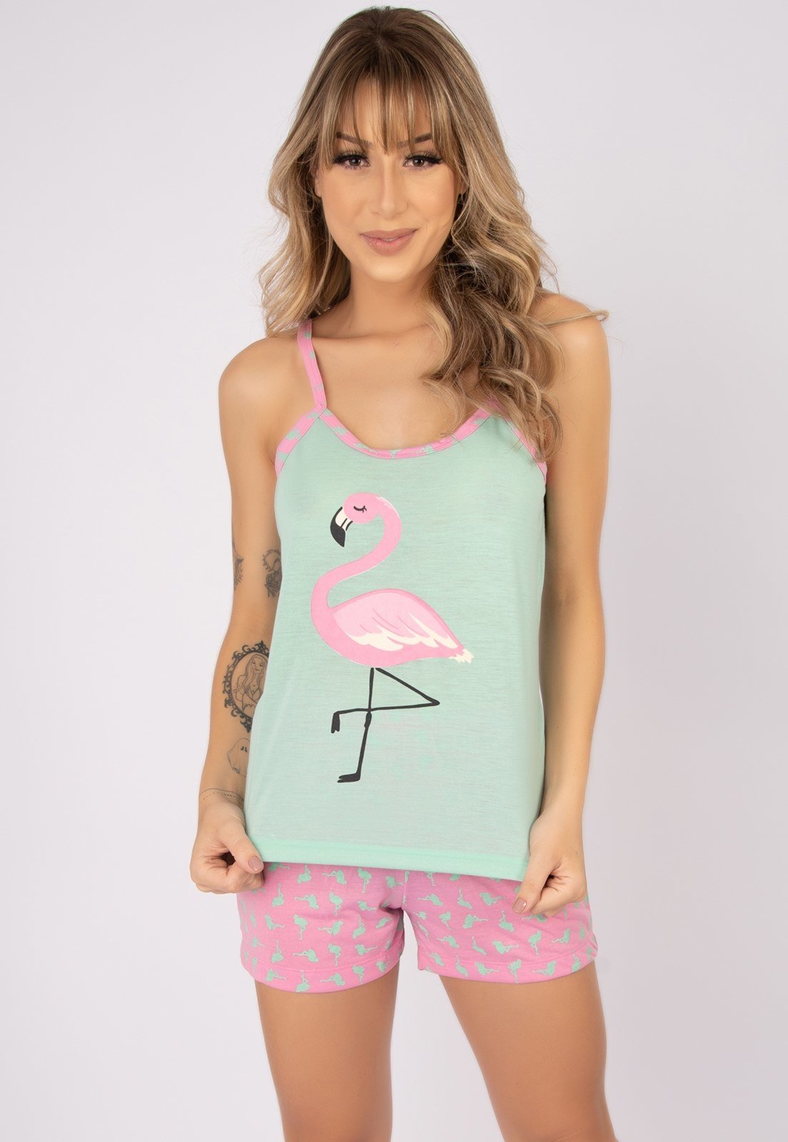 Baby Doll Bella Fiore Modas Pijama Curto Verão Flamingo Verde Claro