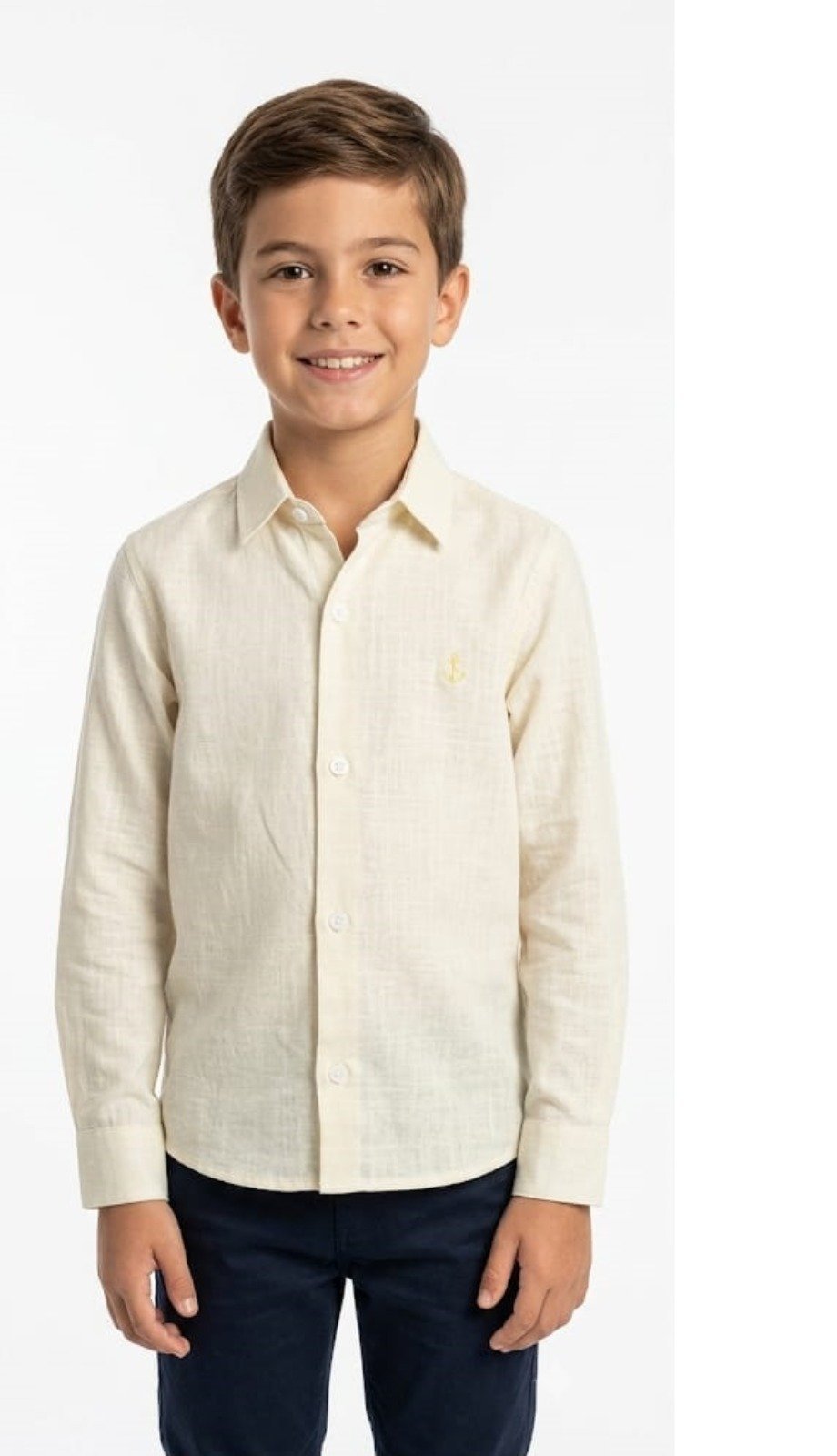 Infantil - Camisa Alfa Casual Algodão tipo Linho Manga Longa Luxo Off white