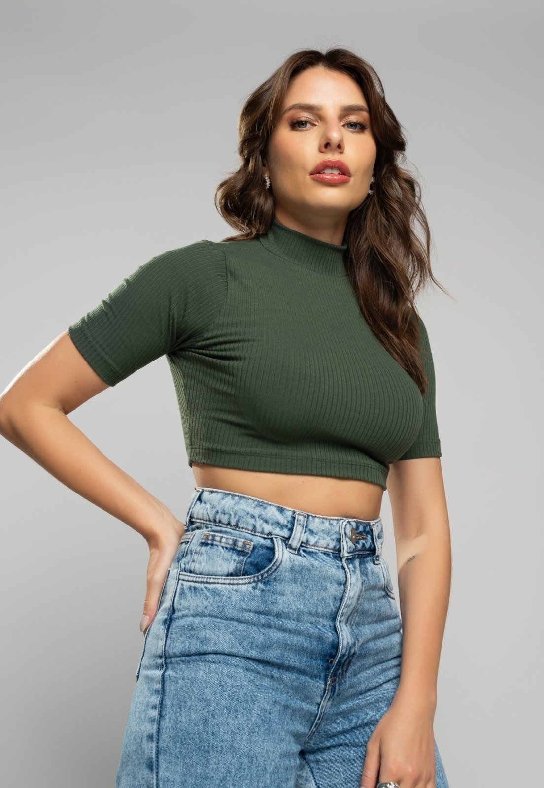 Cropped Salvatore Gola Alta Comfy Malha Canelada Verde