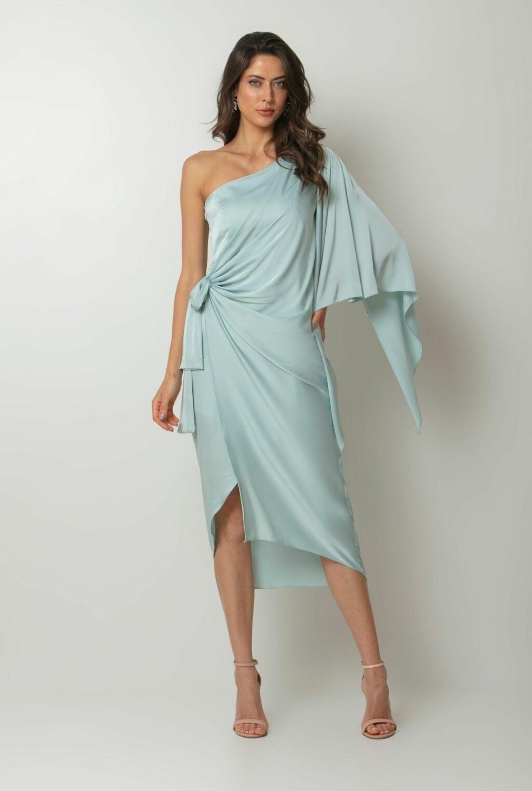 Vestido Ton Âge Midi Unilateral com Detalhe em Amarração Verde Água Verde