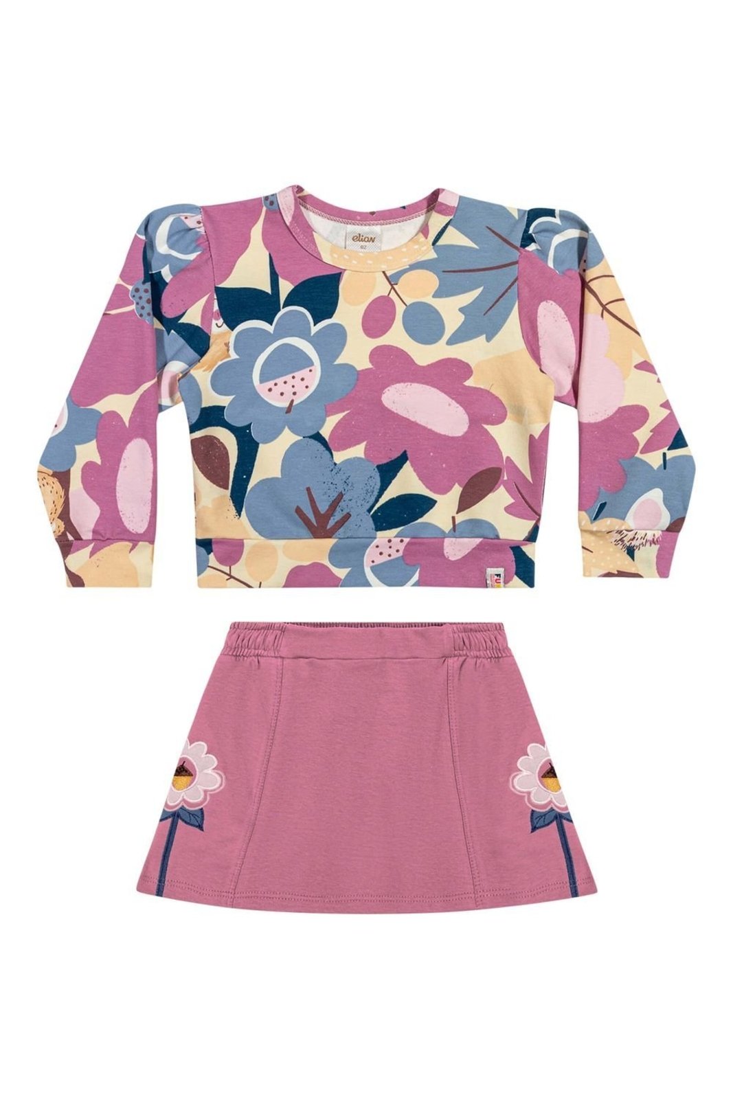 Infantil - Conjunto Manga Longa Menina Floral Elian Bege