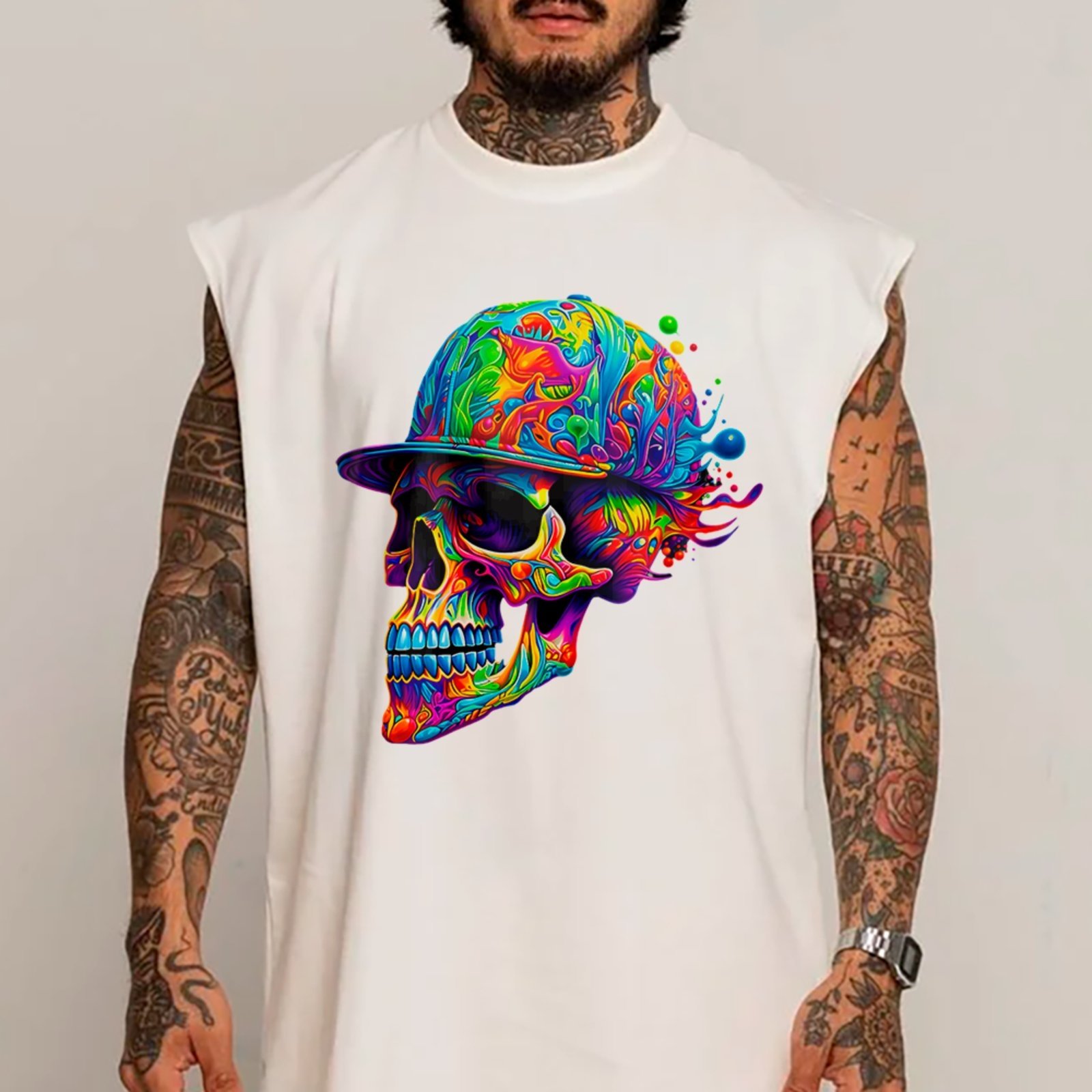 Camiseta Regata Machão Caveira Colorida Psicodélica Streetwear Premium Branco