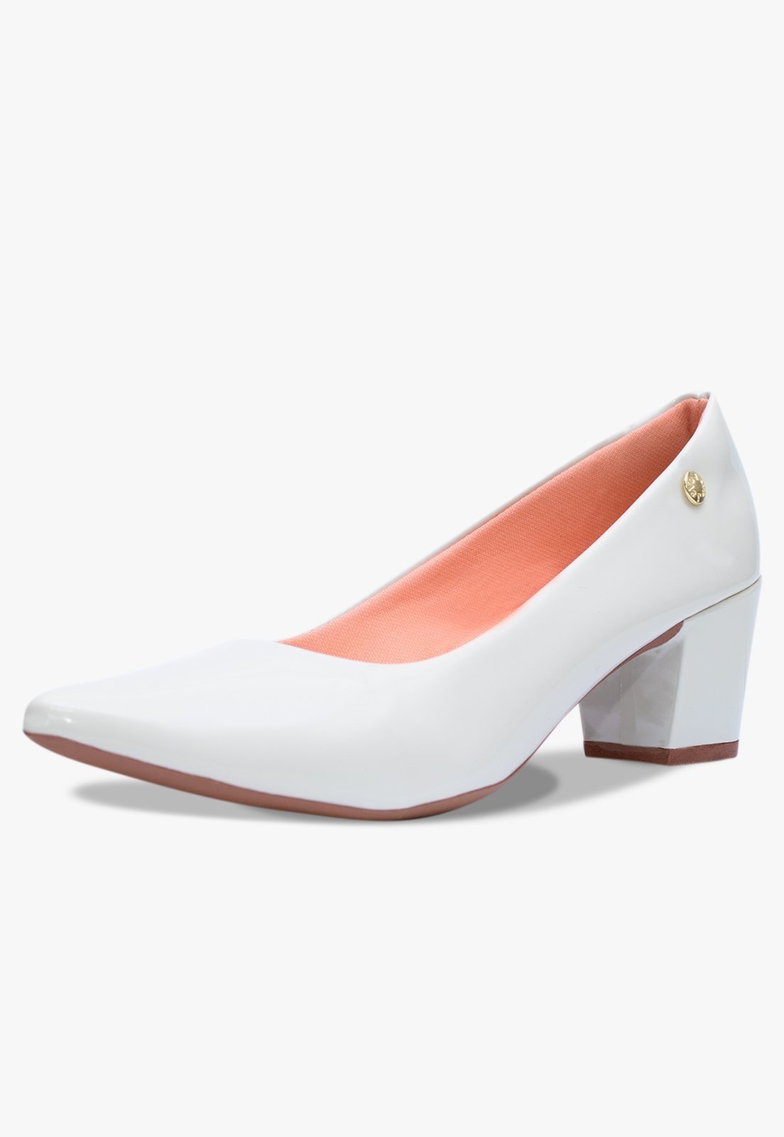 Scarpin Feminino Takata Salto Bloco Baixo Grosso Sapato Verniz Bico Fino Branco