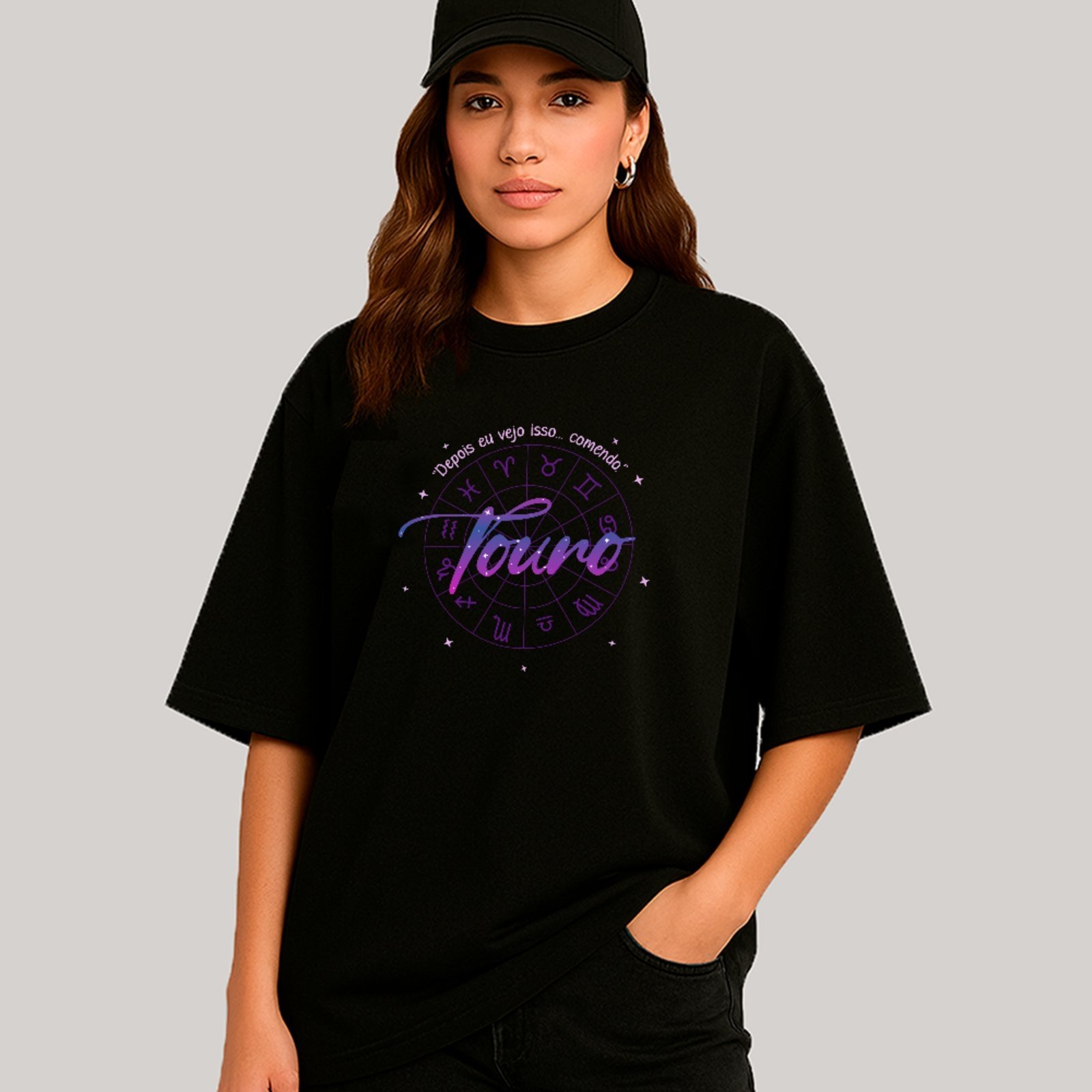 Camiseta Ousy Signo Touro Depois Eu Vejo Isso Comendo Oversized Unissex Preto