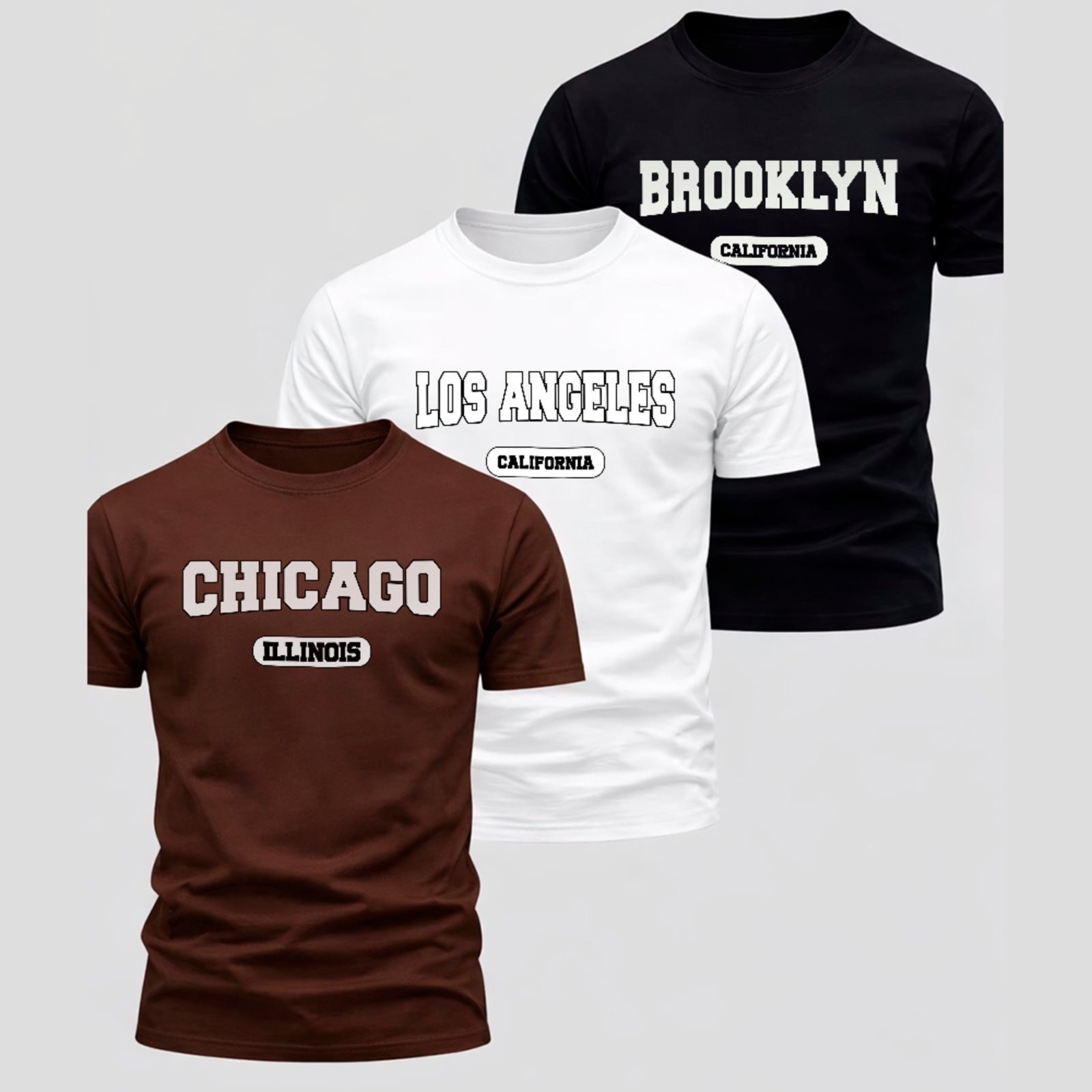 Kit 3 Camisetas Básicas Los Angeles Chicago Brooklyn Street