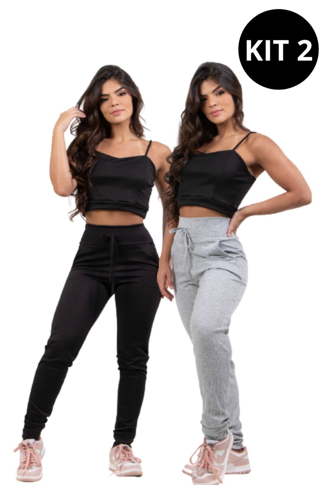 KIT 2 Calças Jogger Canelada Diluxo Preta e Cinza