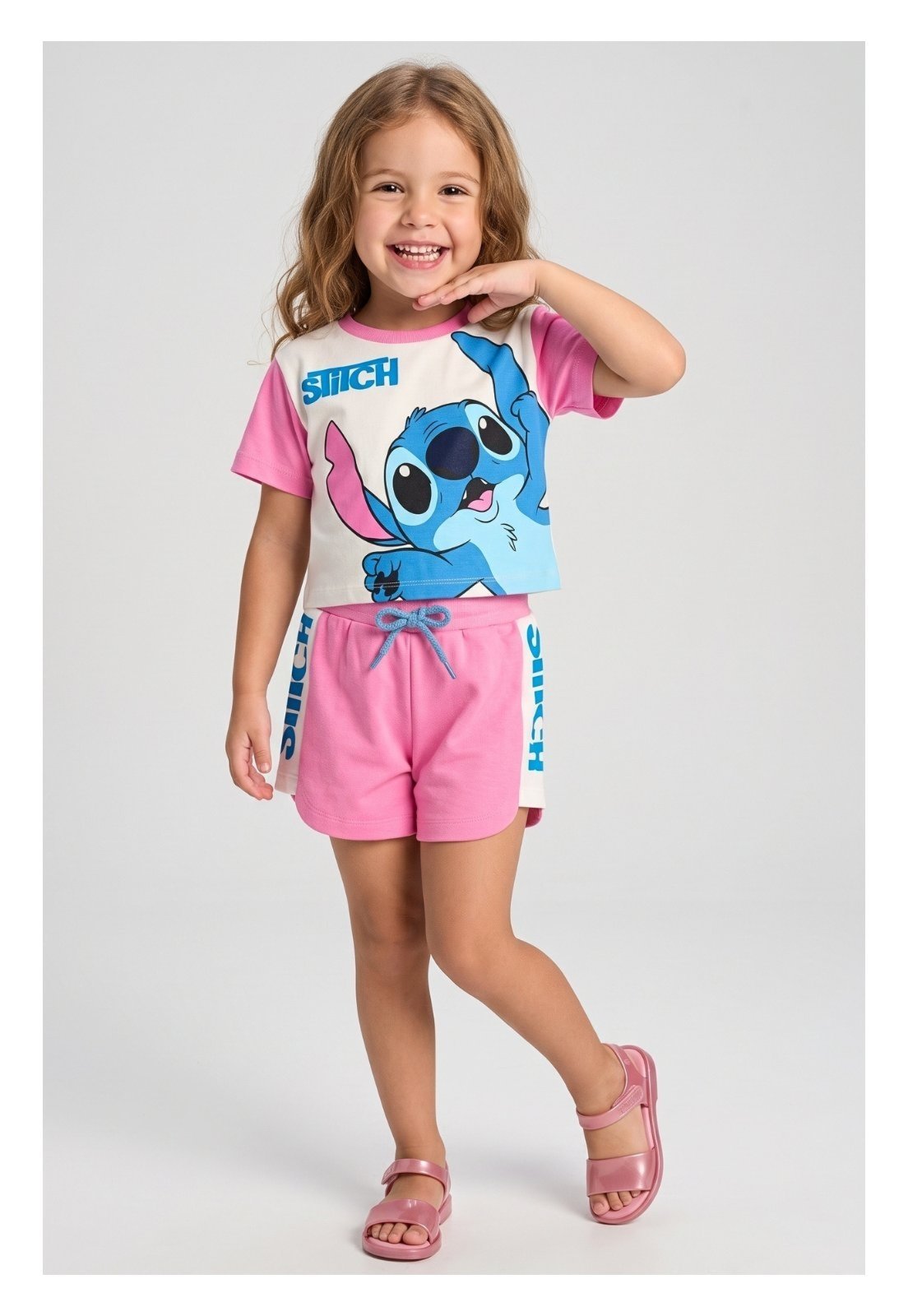 Infantil - Conjunto Disney Menina Stitch Off White e Rosa