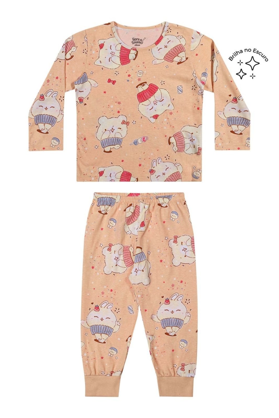 Pijama Longo Menina Doces Bichinhos Elian Bege
