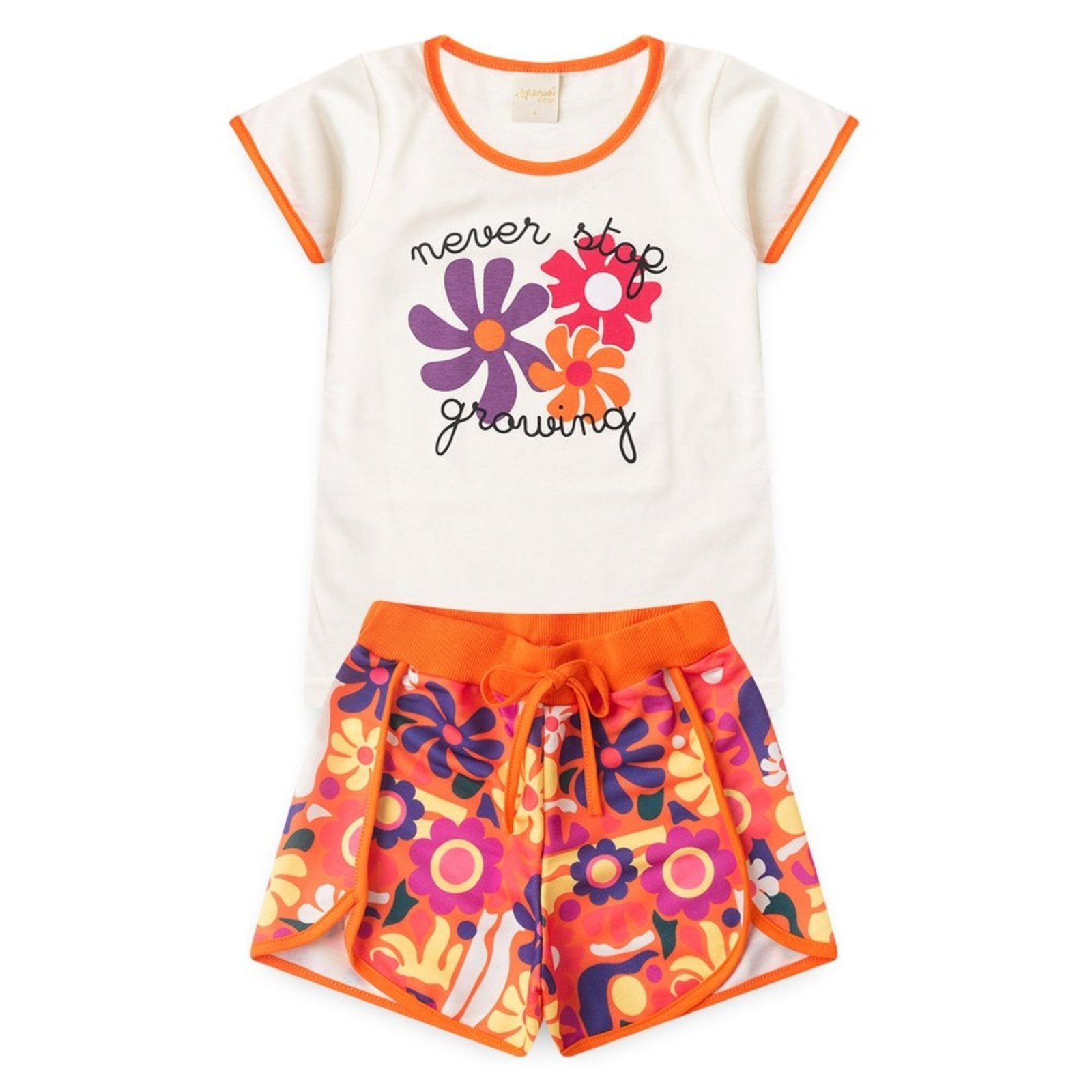 Infantil – Conjunto Molekada Verão Menina Natural Blusa e Shorts Boxeador Florizinhas