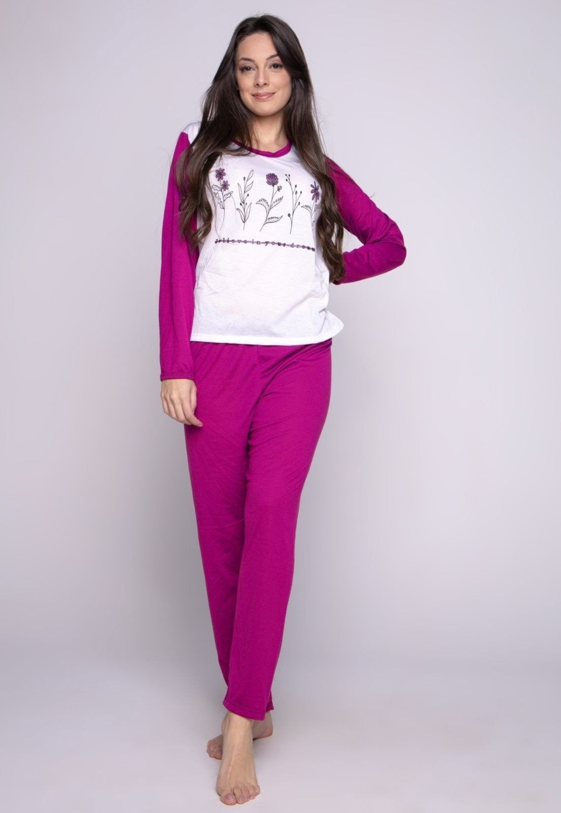 Pijama WLS Modas Comfort Longo Malha Estampado Feminino Inverno Blusa e Calça Pink
