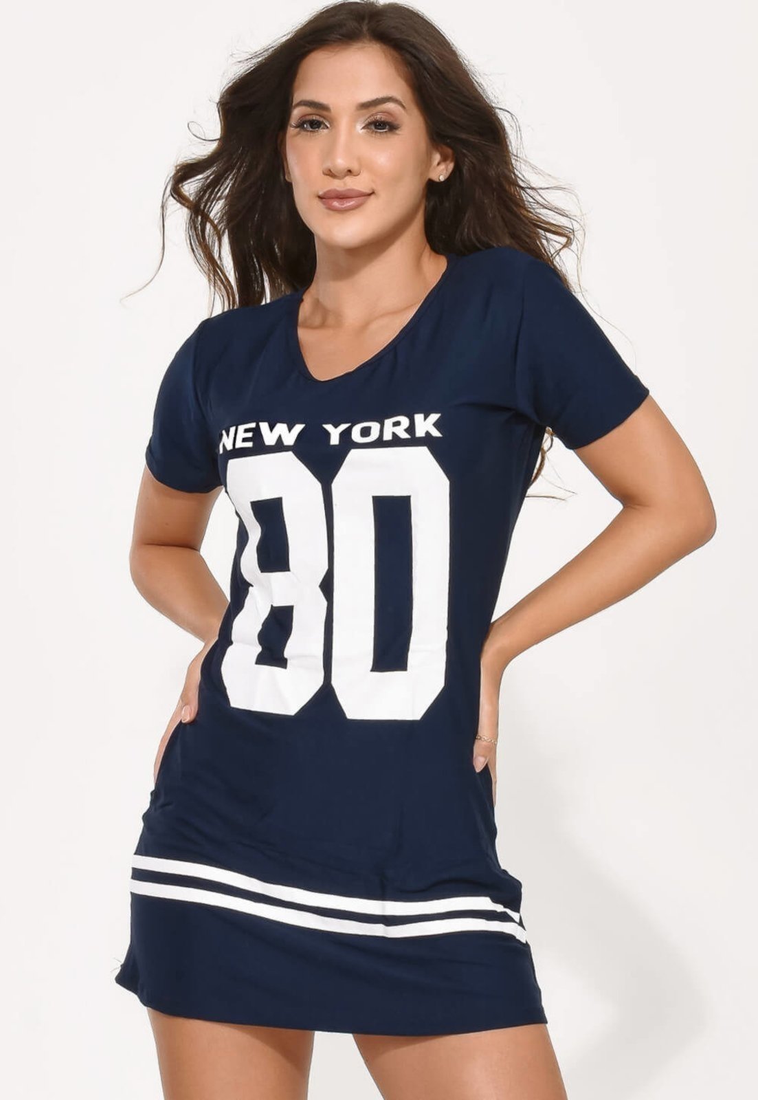 Camisa Bravaa Store Longline Vestido Camisão Feminino Ny Kings Swag 099 Azul