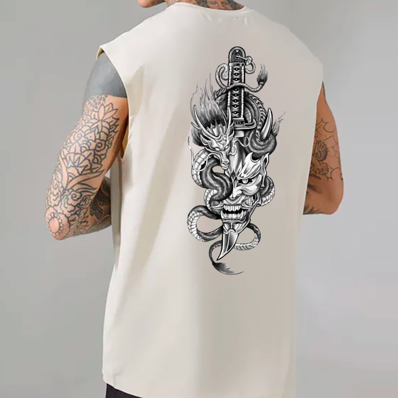 Camiseta Regata Machão Ousy Oni Dragão E Katana Oversized Masculina Branco