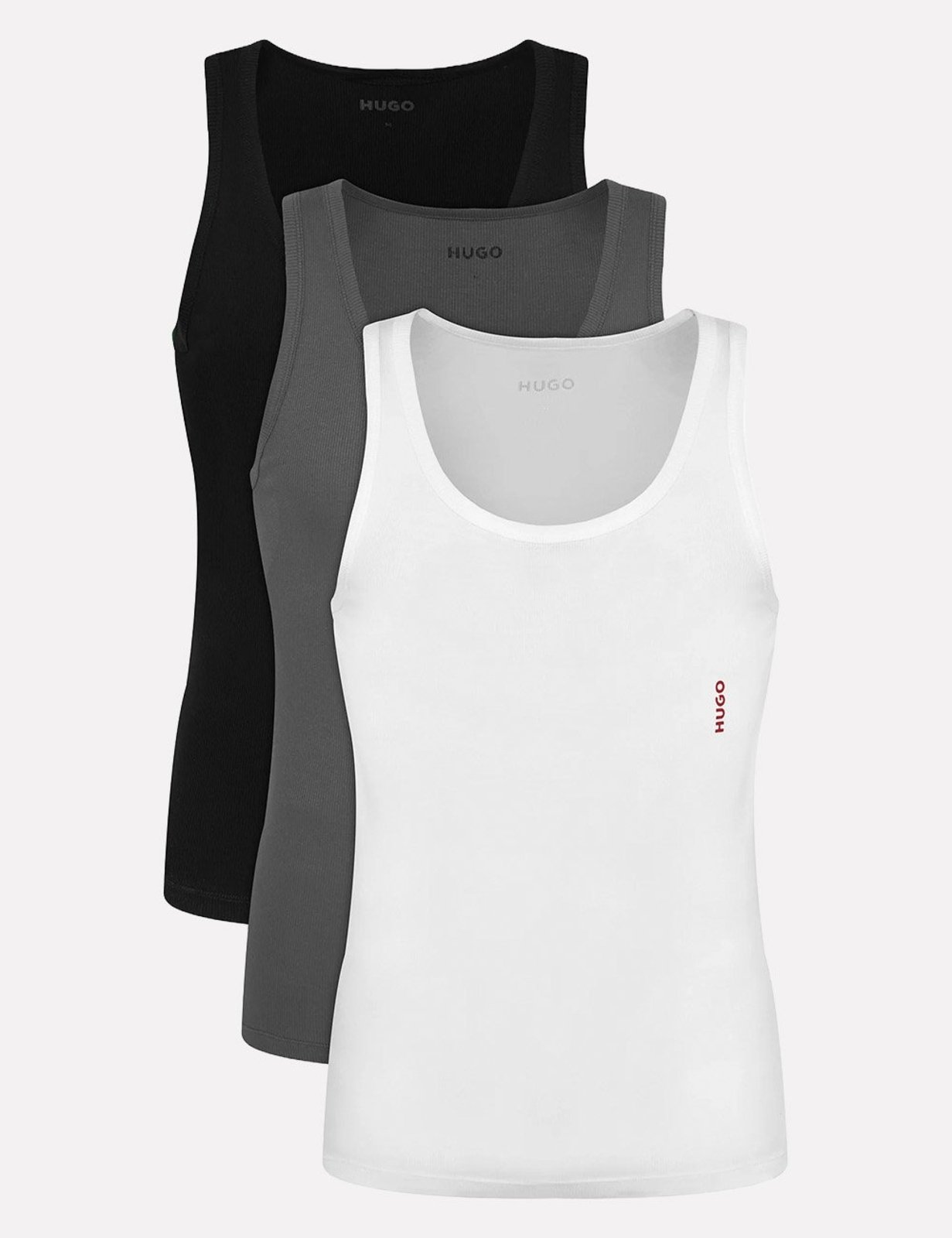 Kit Regatas Hugo Boss Slim Fit 2:2 Rib Côte Branca/Cinza/Preta 3UN