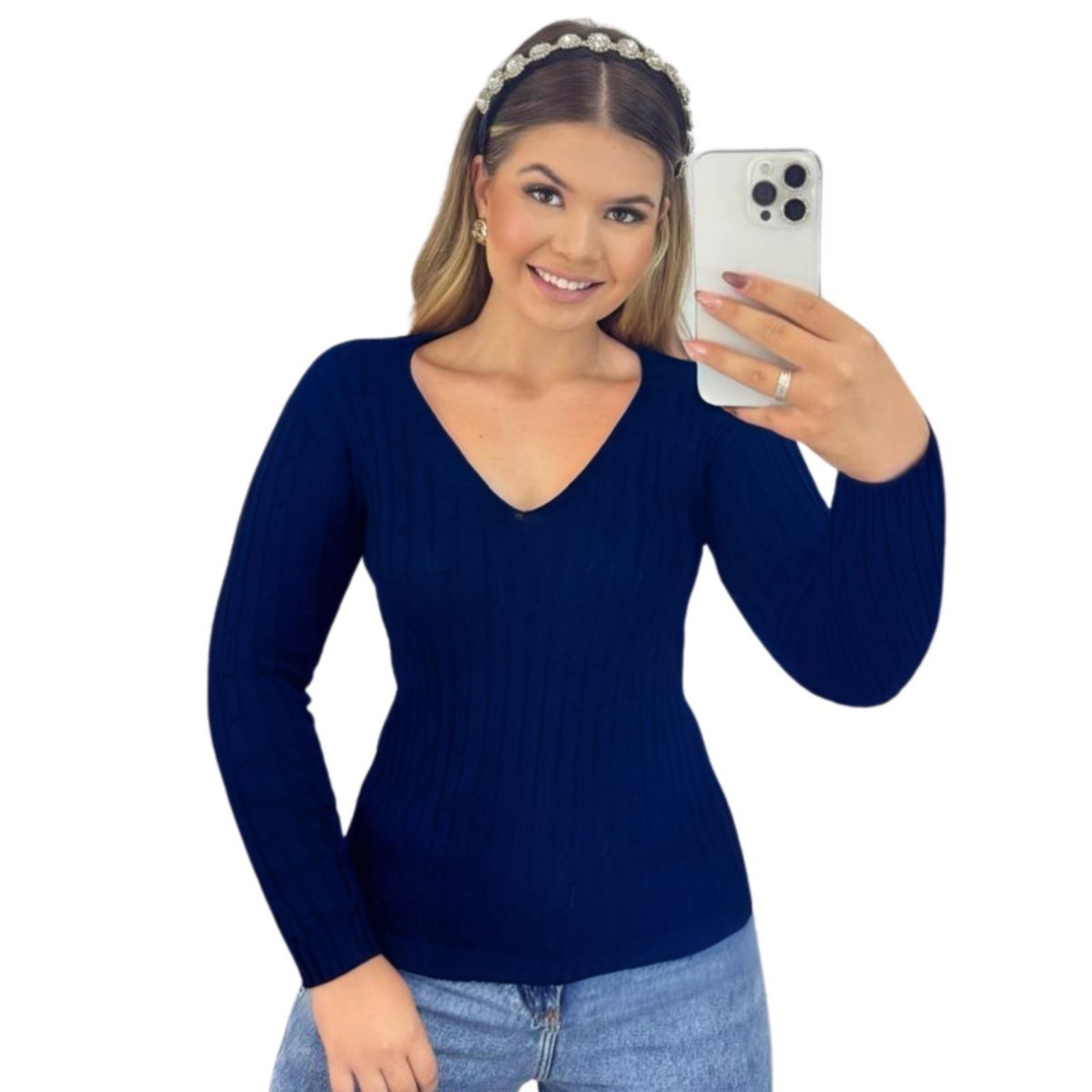 Blusa Feminino FMF Suéter de Tricô Azul Marinho Manga Longa