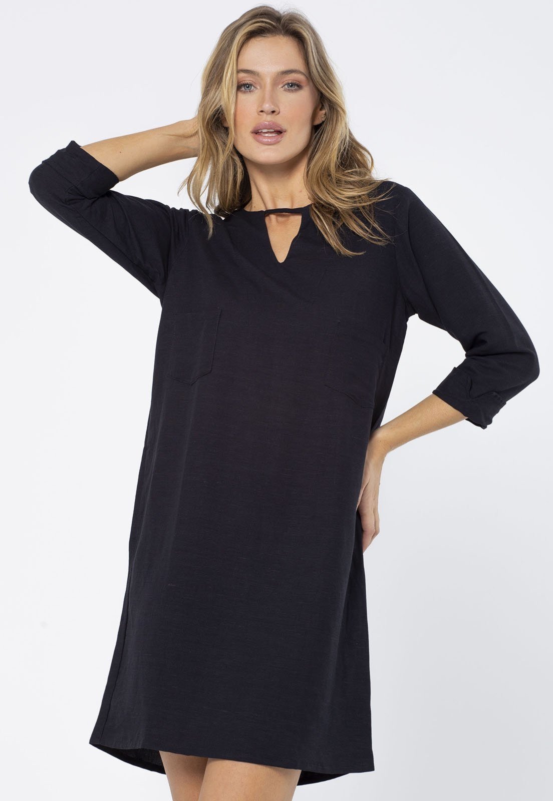 Vista 3 Vestido Chemise Amazonia Vital Curto Viscose Manga 3/4 Dobrada Amazonia Vital preto