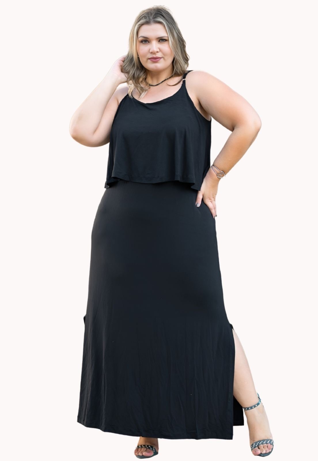 Vestido Longo Plus Size bandana Com Fenda Laterais Moda Feminina Juquitiba Brasil Preto