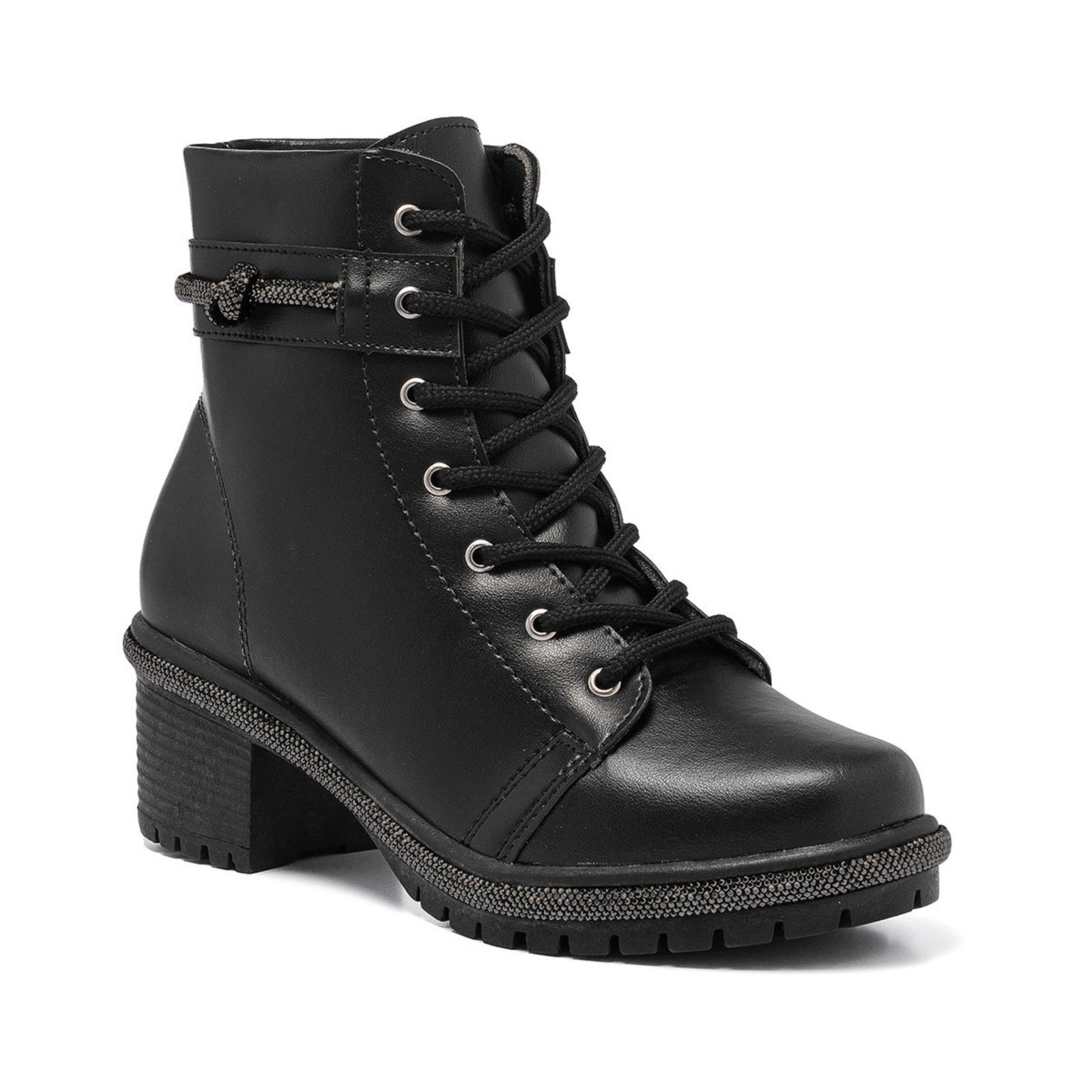 Coturno Feminino Stessy Shoes Bota Cano Curto Strass Tratorada Saltinho Preto