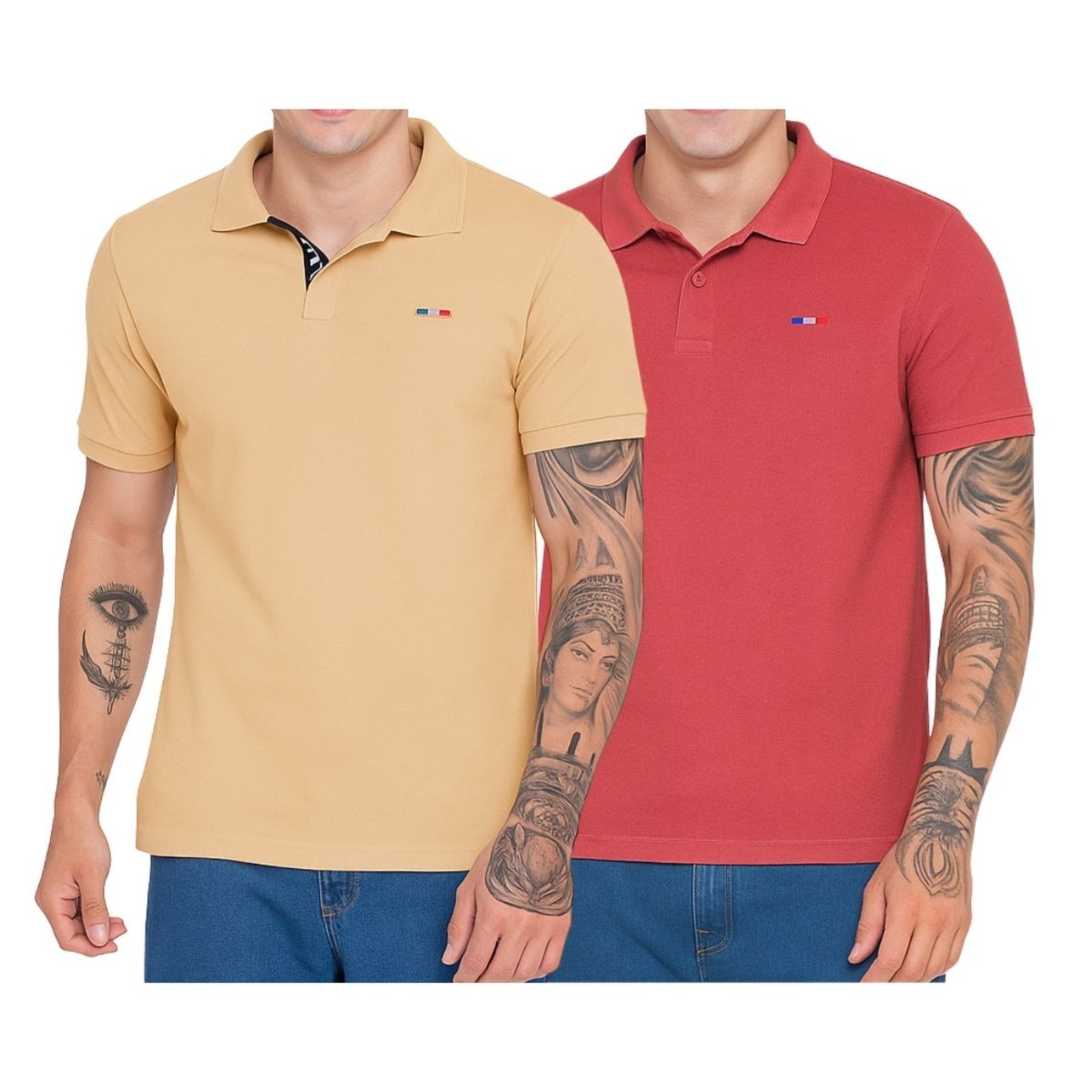 Kit 2 Polos Masculina Básicas Industrie Bege Claro e Coral Piquet no Estilo Tommy Bordado França