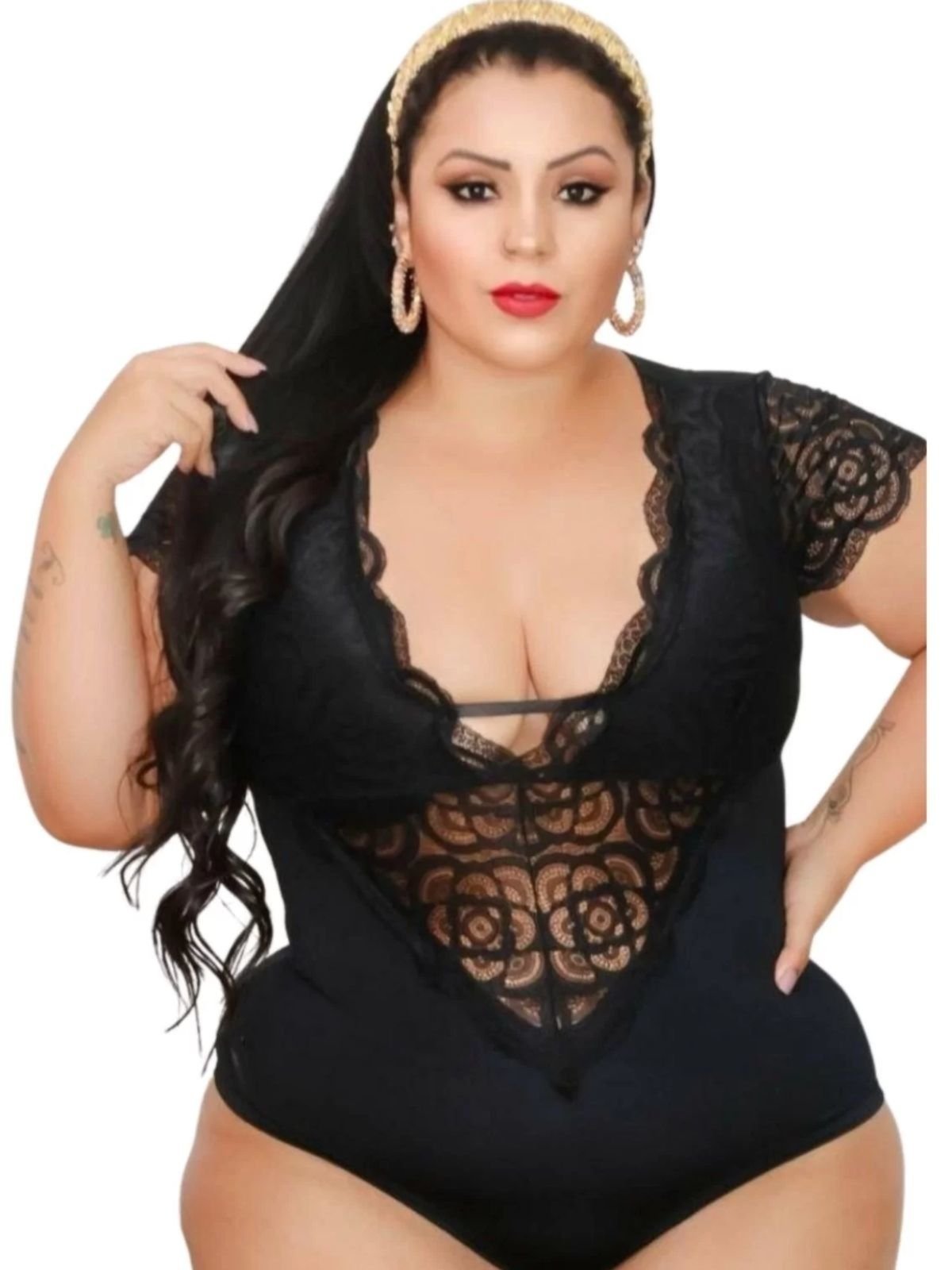 Body Summer Body Renda Decotado Manga Curta Rendado Bojo Collant Plus Size Preto