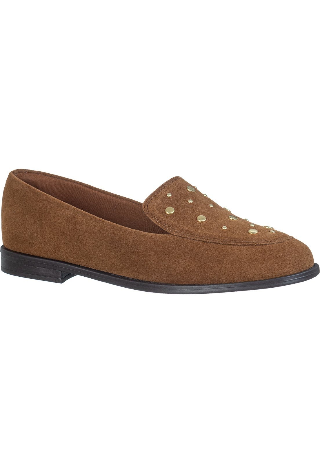 Mocassim Feminino GiGiL Slip On Moderno Bico Arredondado Tachas Metalizadas Casual Whisky