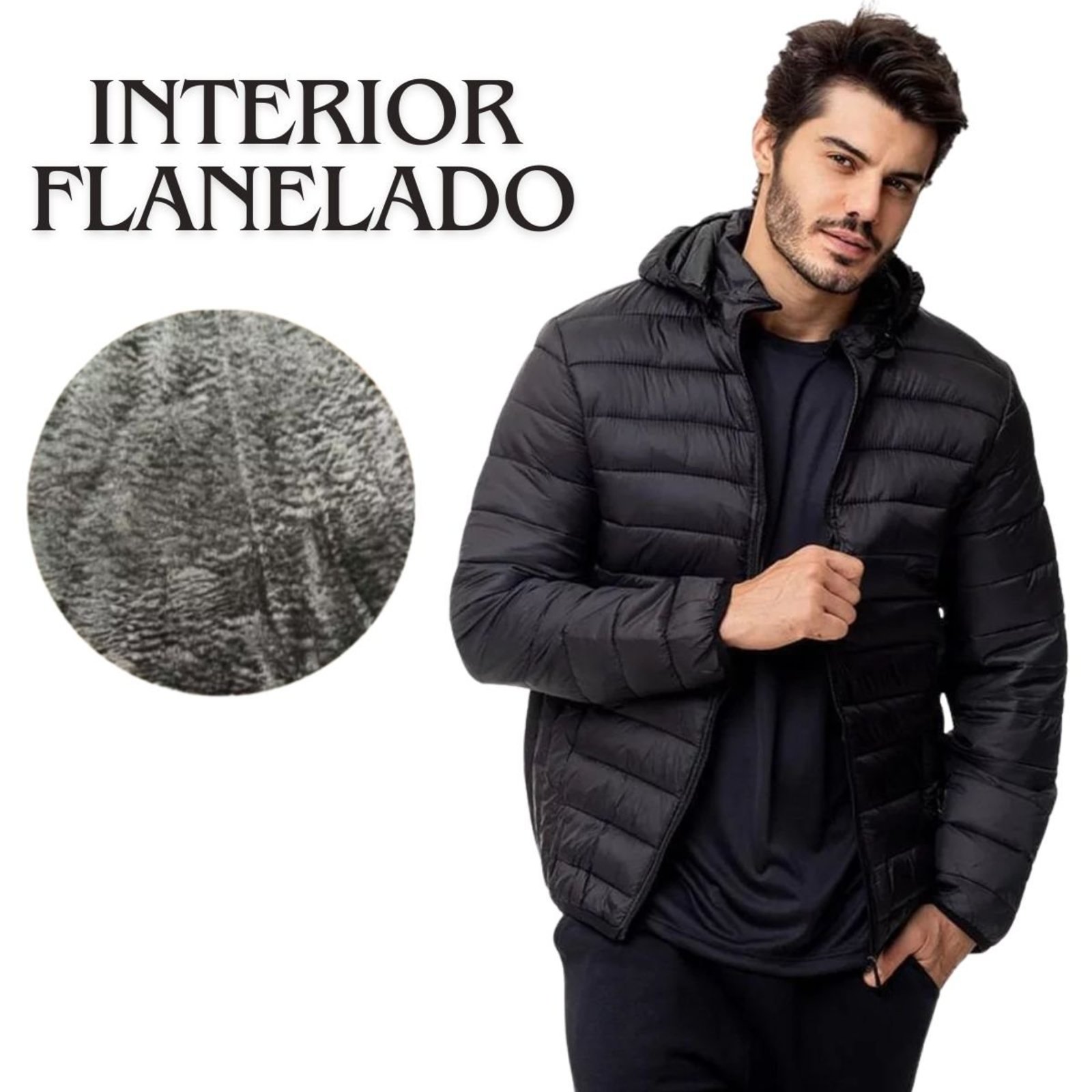 Jaqueta Puffer Masculina Térmica Impermeável Com Capuz e Forro de Pelúcia Preto