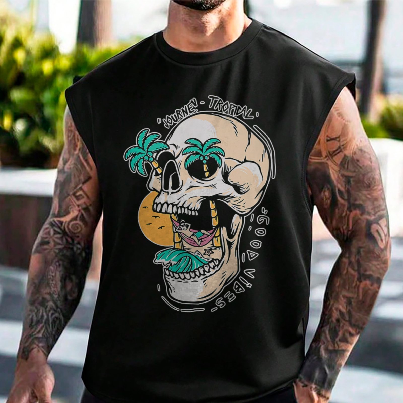 Camiseta Regata Machão Caveira Verão Tropical Hype Streetwear Preto
