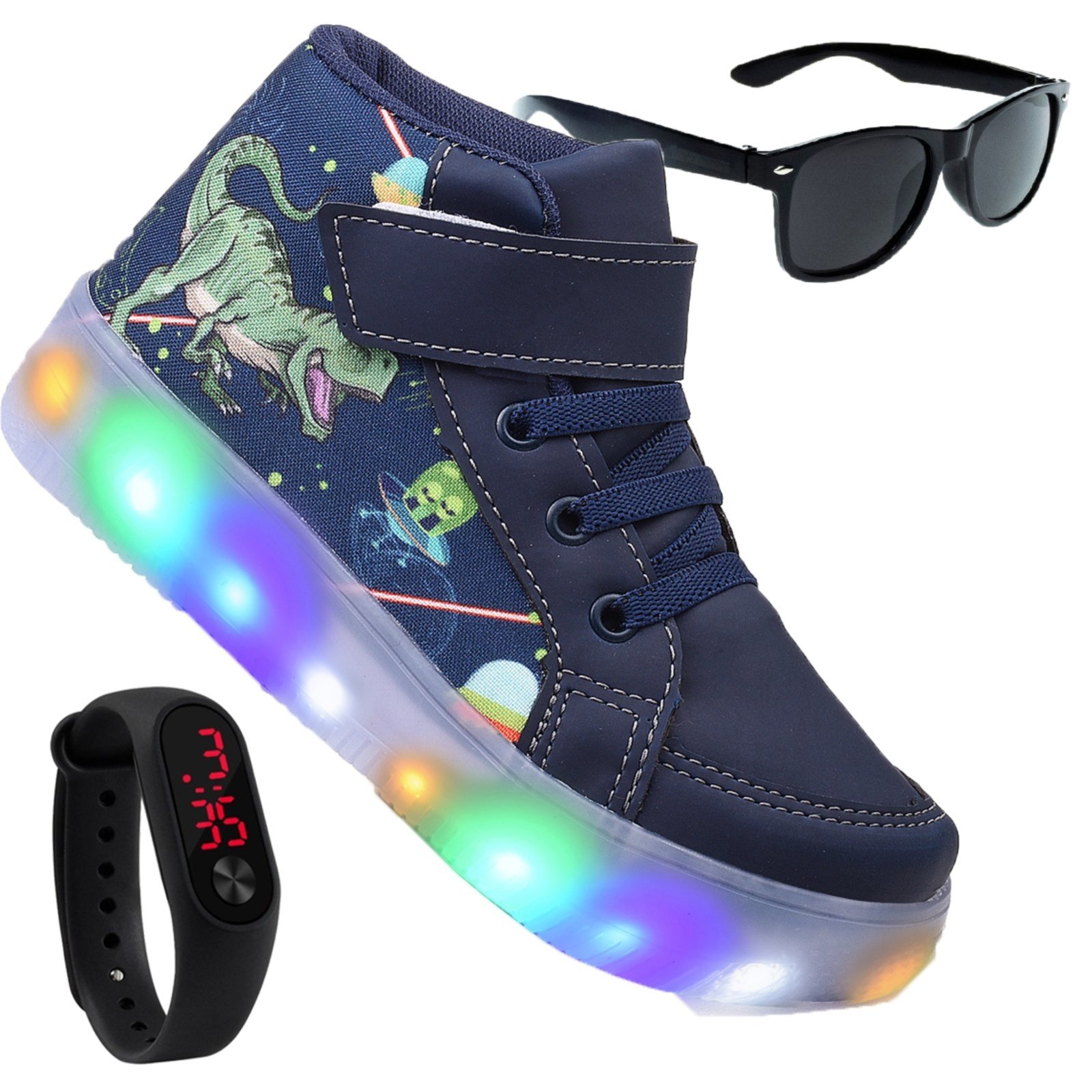 Infantil – Tenis Masculino de Led Botinha Dinossauro Calce Facil Original + Brindes