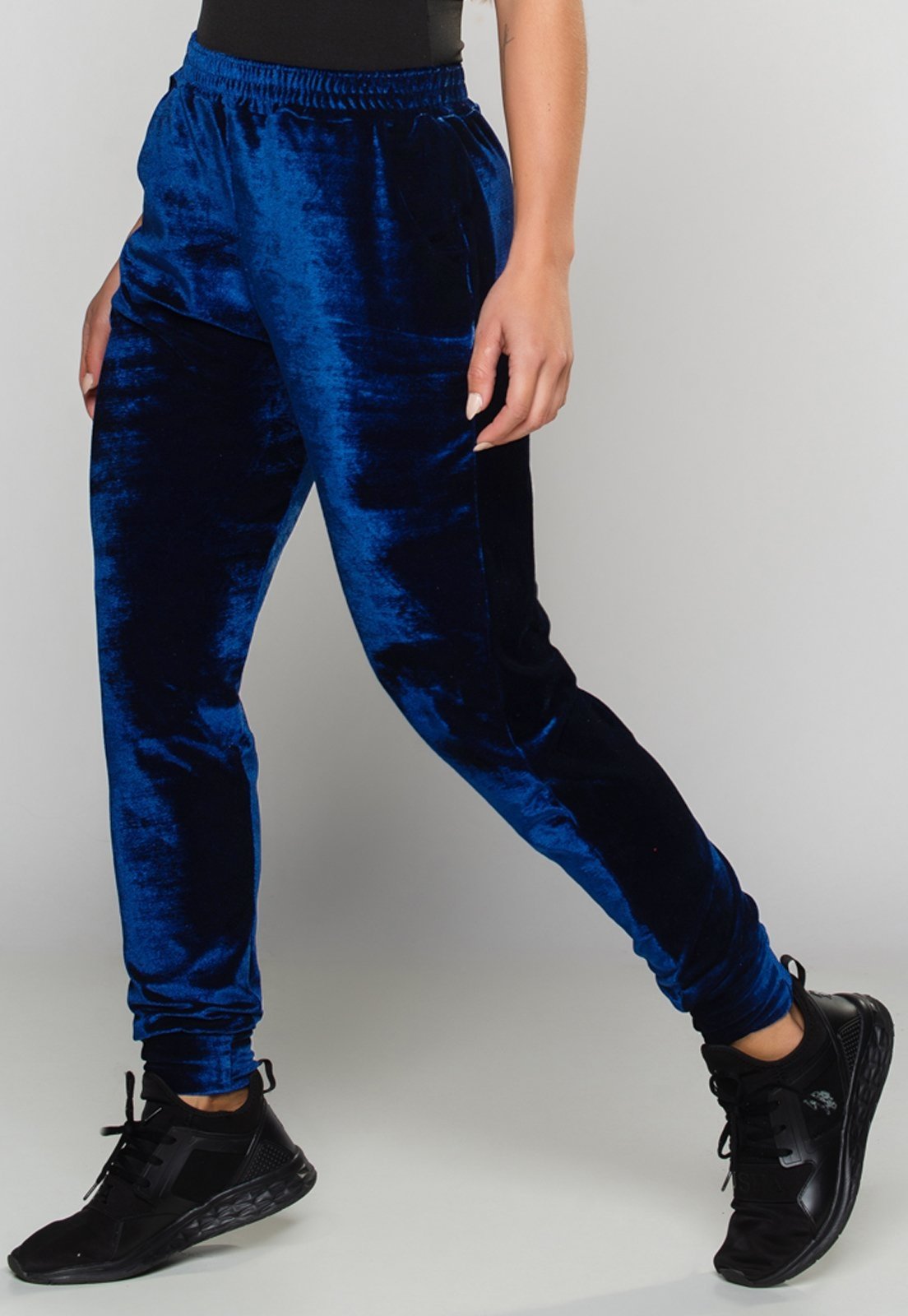 Calça Ribana Jogger MVB Modas Veludo Feminina Cintura Alta Azul